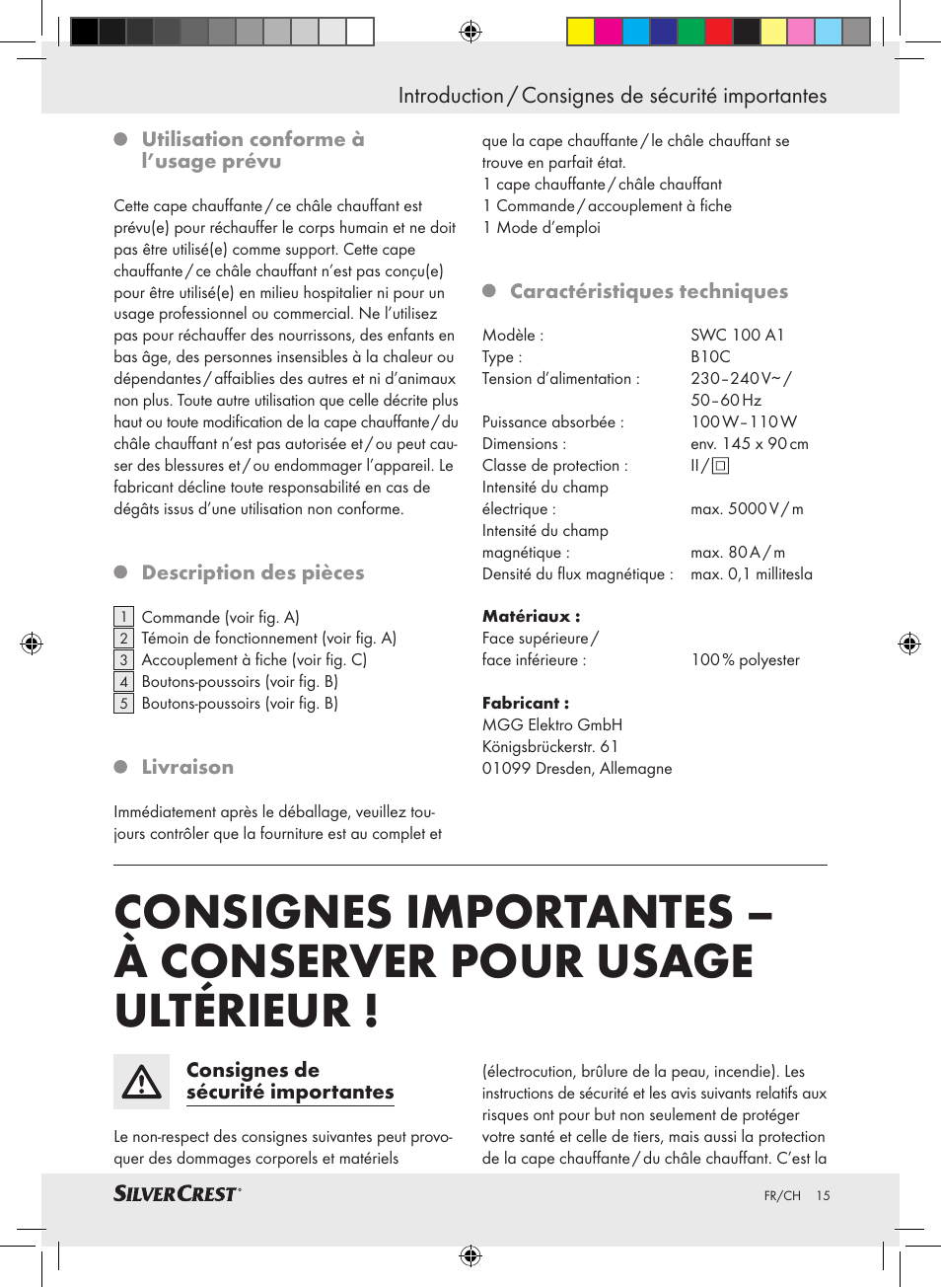 Introduction / consignes de sécurité importantes | Silvercrest SWC 100 A1 User Manual | Page 14 / 44