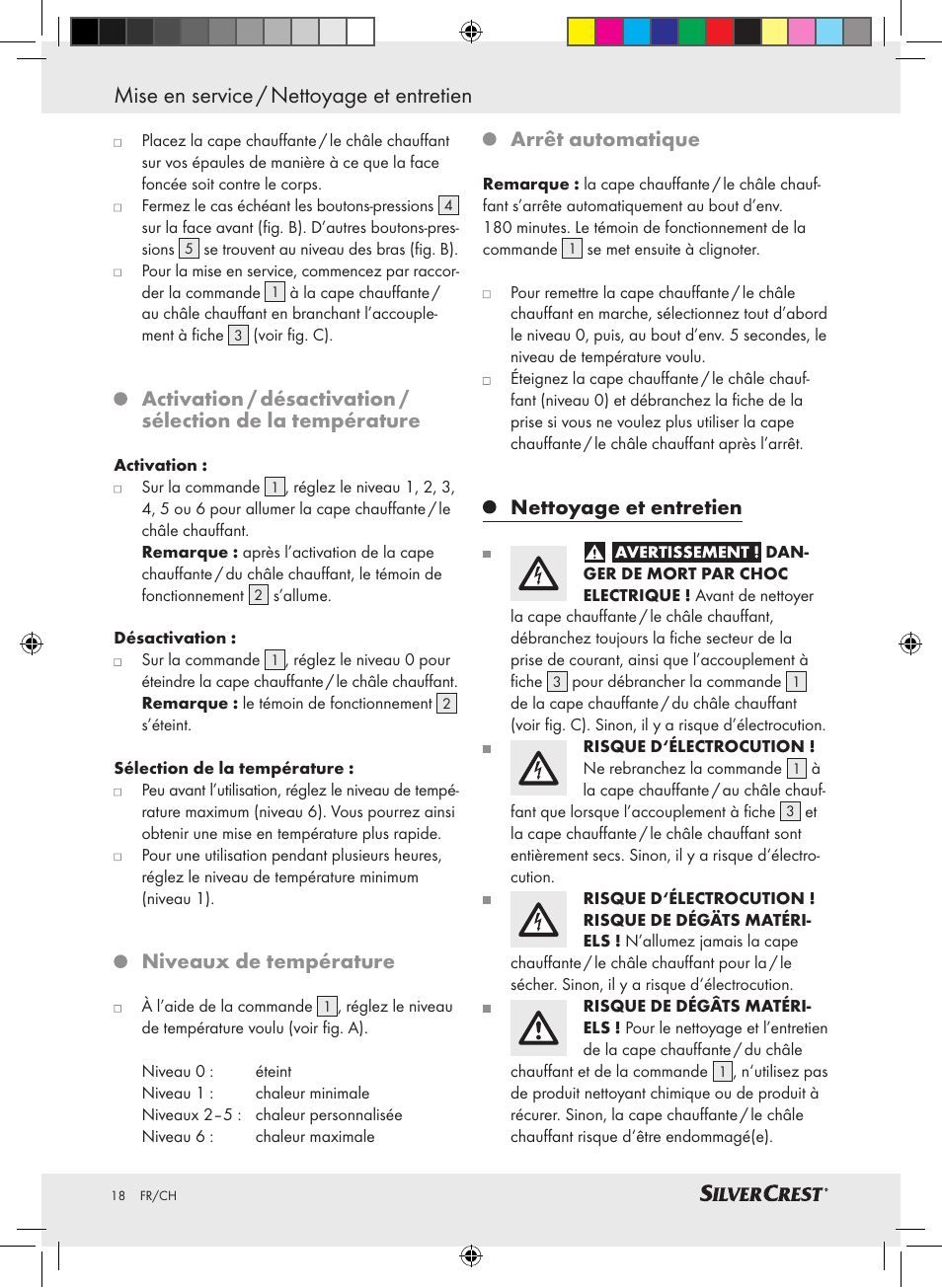 Mise en service / nettoyage et entretien, Niveaux de température, Arrêt automatique | Nettoyage et entretien | Silvercrest SWC 100 A1 User Manual | Page 17 / 44