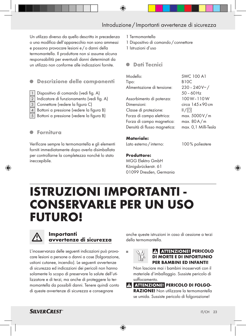 Introduzione / importanti avvertenze di sicurezza | Silvercrest SWC 100 A1 User Manual | Page 22 / 44