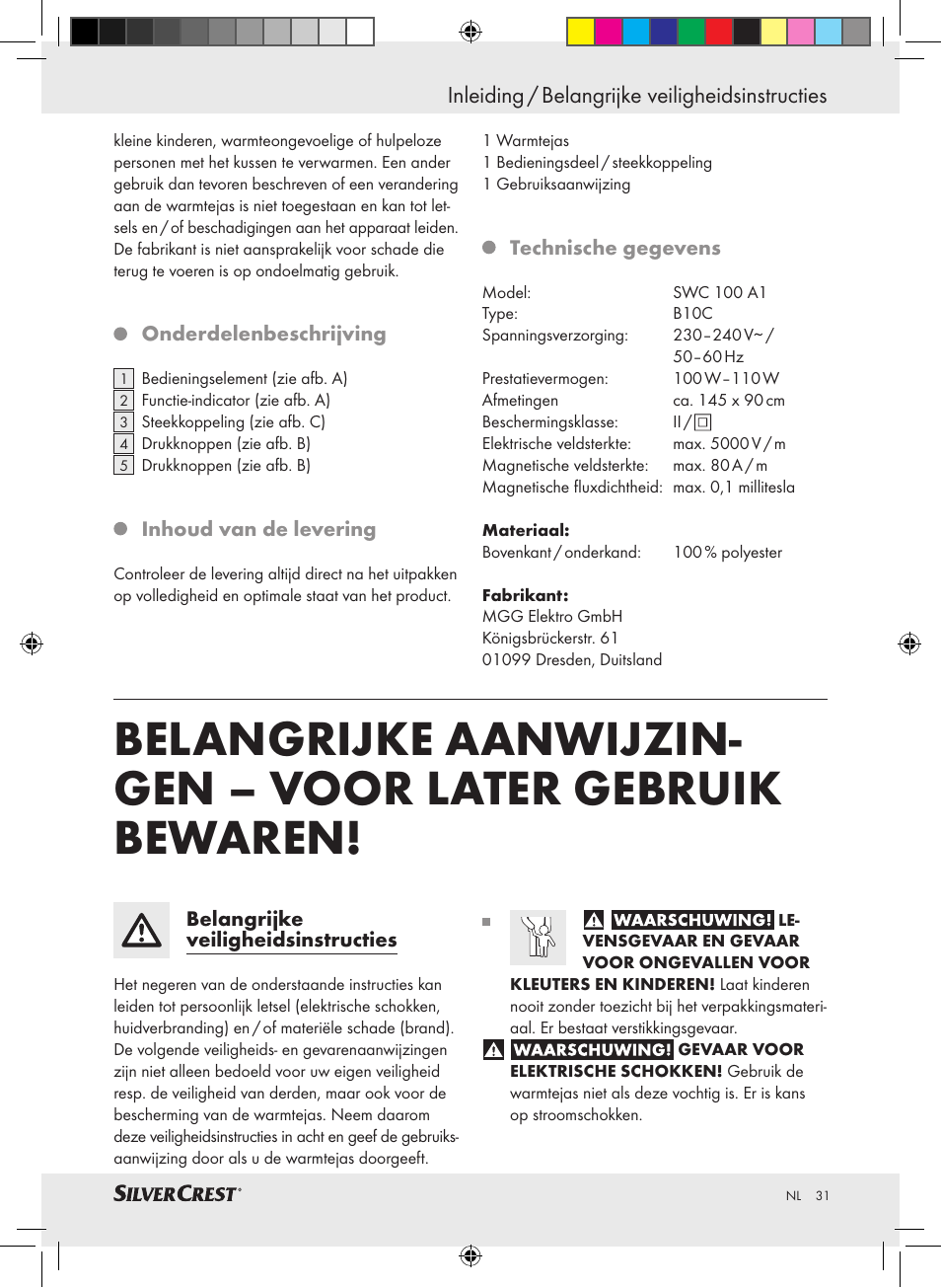 Inleiding / belangrijke veiligheidsinstructies | Silvercrest SWC 100 A1 User Manual | Page 30 / 44