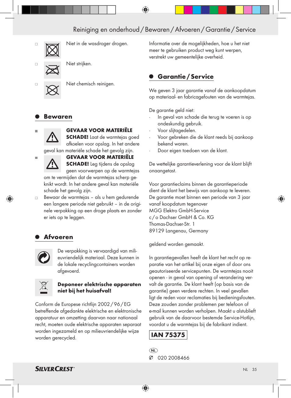 Bewaren, Afvoeren, Garantie / service | Silvercrest SWC 100 A1 User Manual | Page 34 / 44