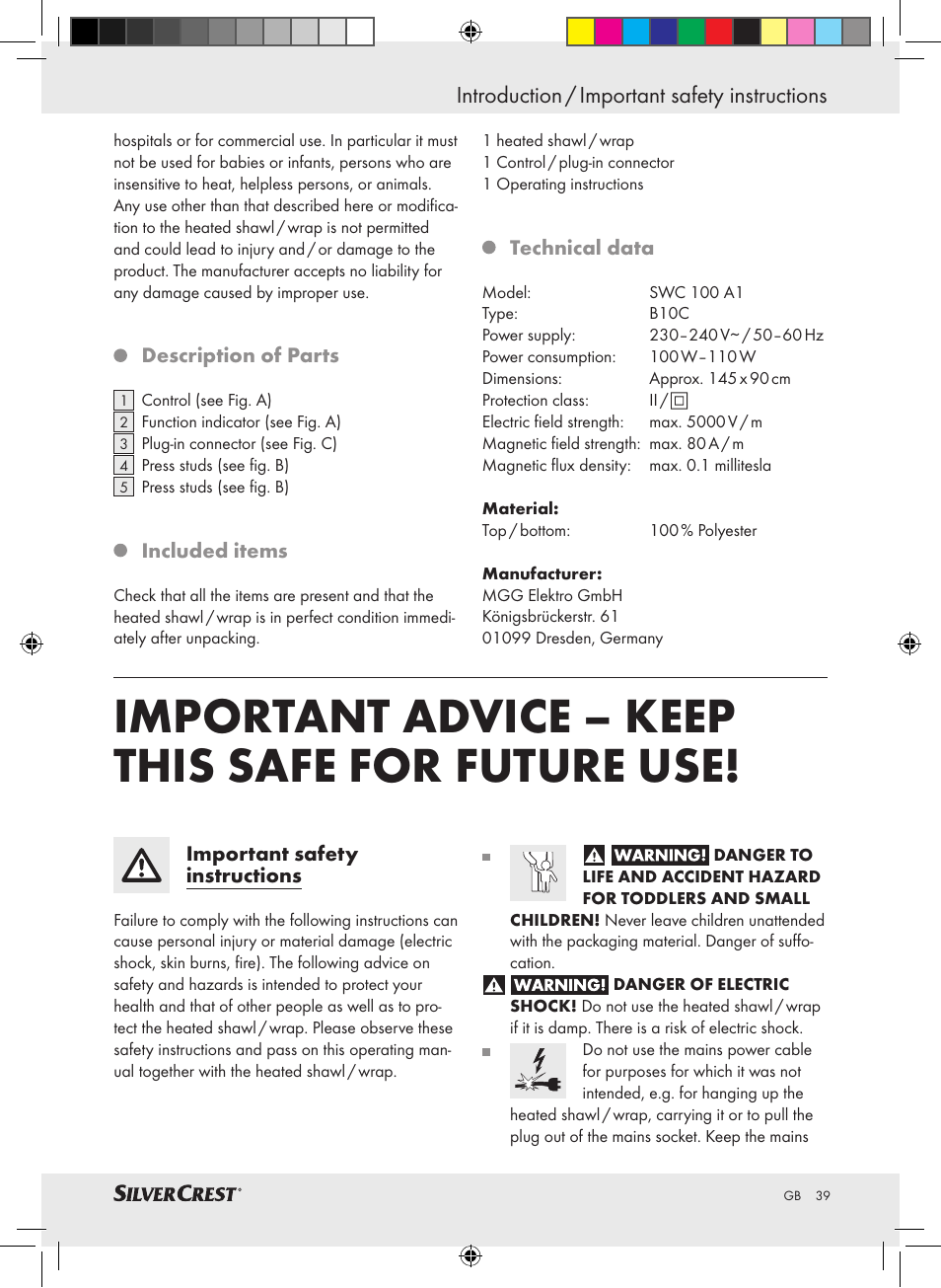 Important advice – keep this safe for future use, Introduction / important safety instructions | Silvercrest SWC 100 A1 User Manual | Page 38 / 44