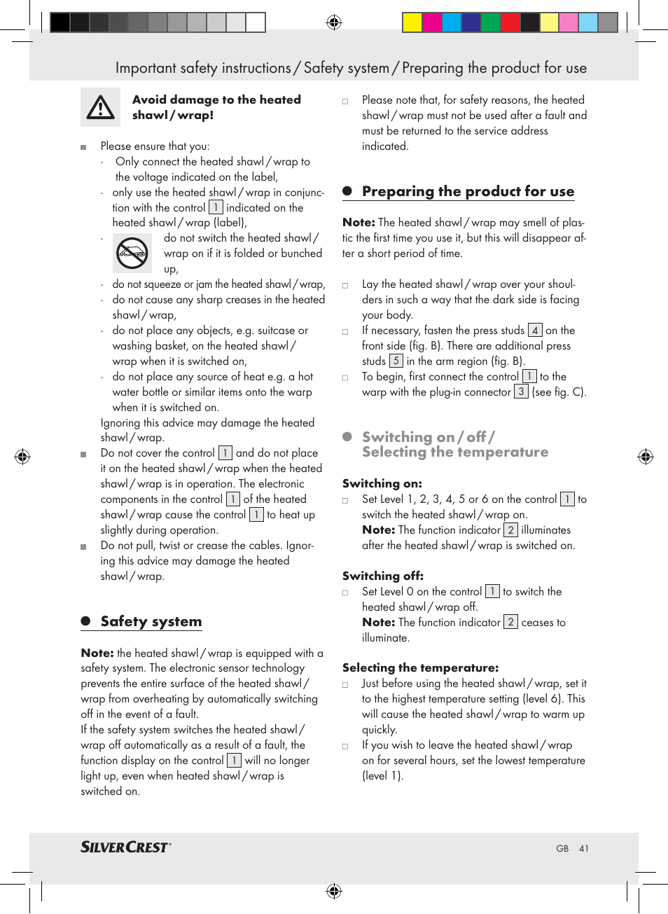 Safety system, Preparing the product for use, Switching on / off / selecting the temperature | Silvercrest SWC 100 A1 User Manual | Page 40 / 44