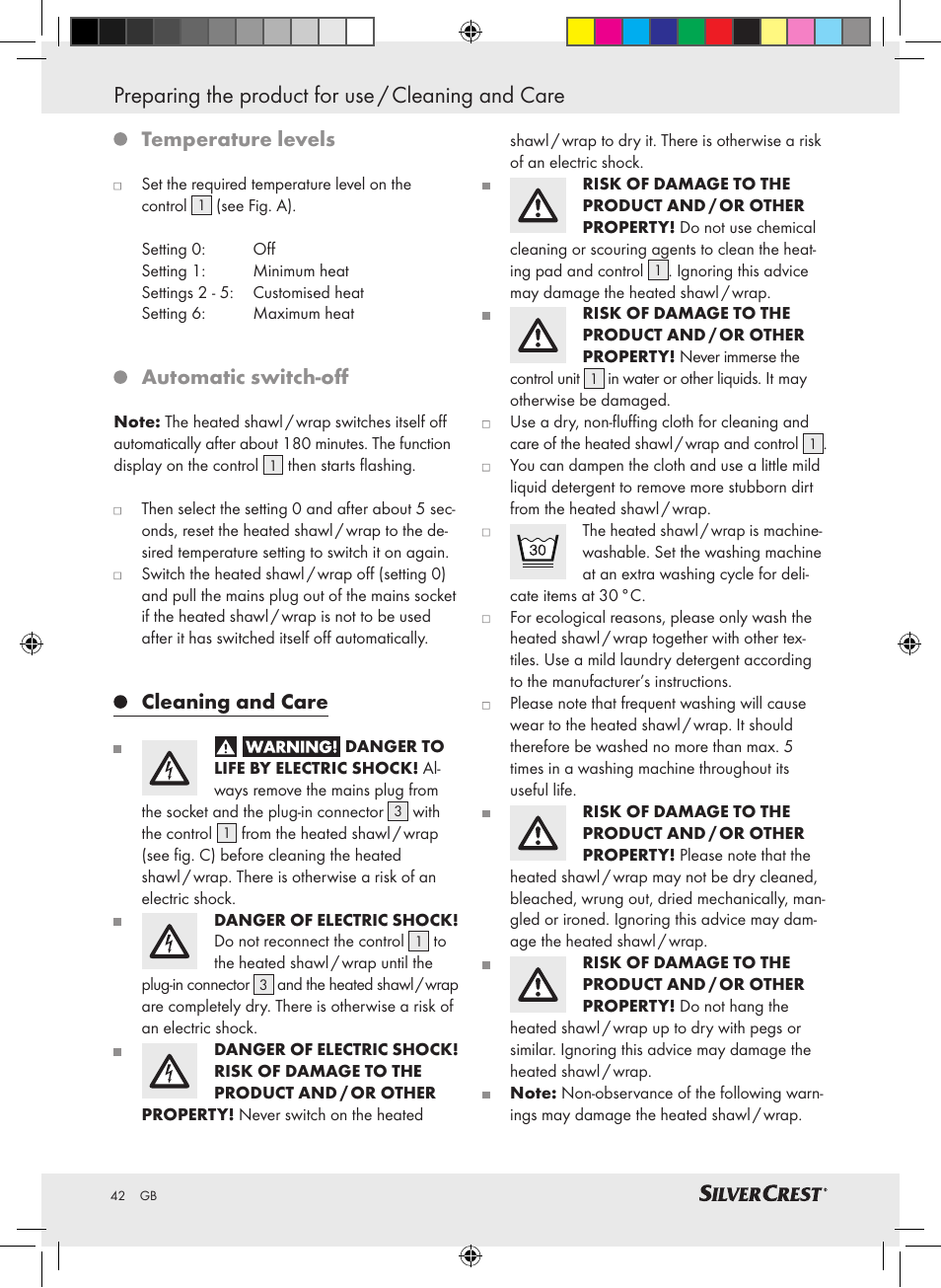 Preparing the product for use / cleaning and care, Temperature levels, Automatic switch-off | Cleaning and care | Silvercrest SWC 100 A1 User Manual | Page 41 / 44