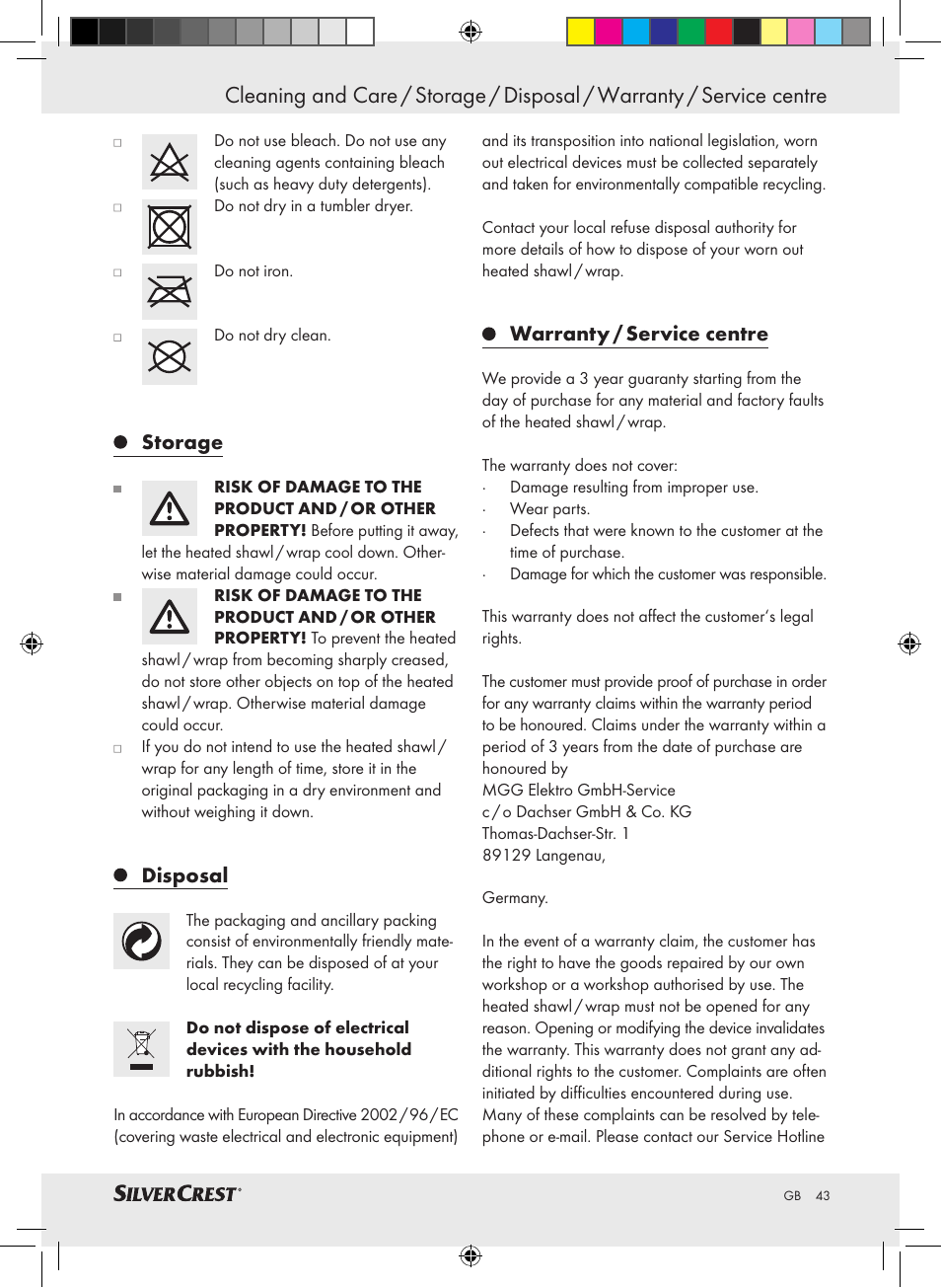Storage, Disposal, Warranty / service centre | Silvercrest SWC 100 A1 User Manual | Page 42 / 44
