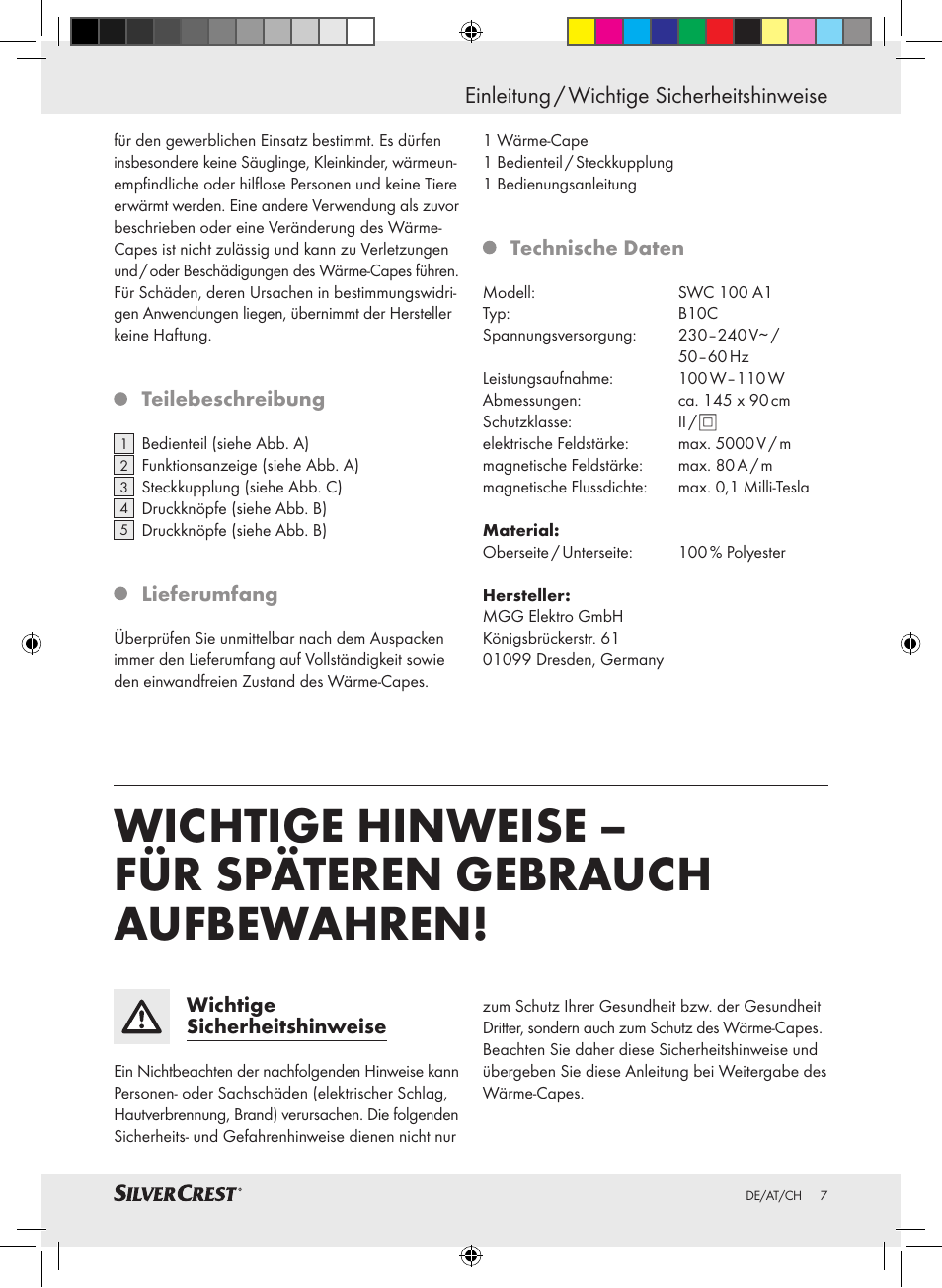 Einleitung / wichtige sicherheitshinweise | Silvercrest SWC 100 A1 User Manual | Page 6 / 44
