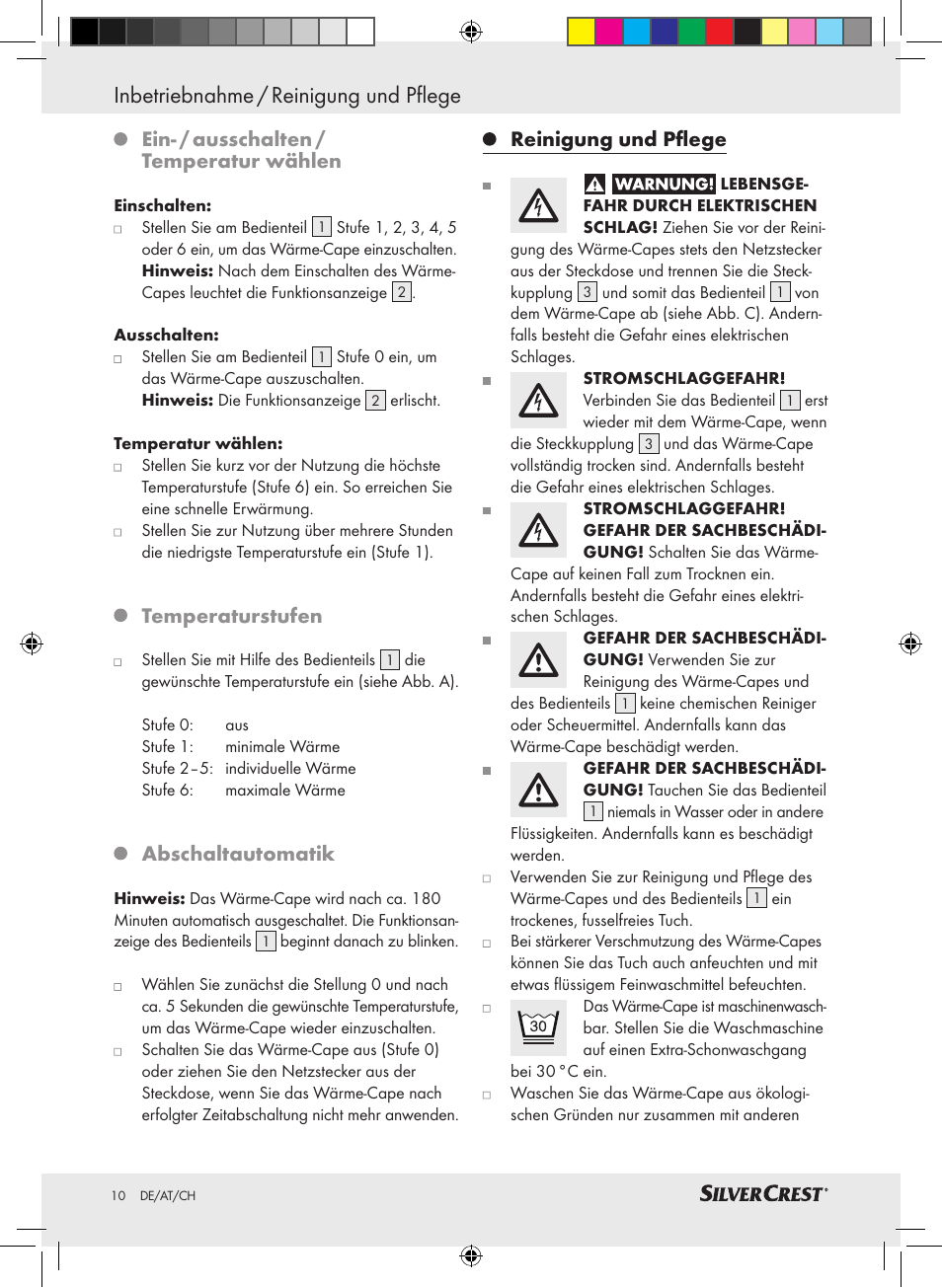 Inbetriebnahme / reinigung und pflege, Ein- / ausschalten / temperatur wählen, Temperaturstufen | Abschaltautomatik, Reinigung und pflege | Silvercrest SWC 100 A1 User Manual | Page 9 / 44