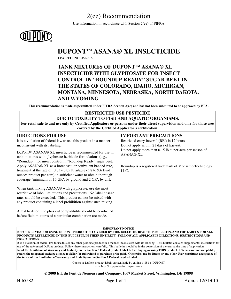 DuPont Authentication XL Insecticide User Manual | 2 pages