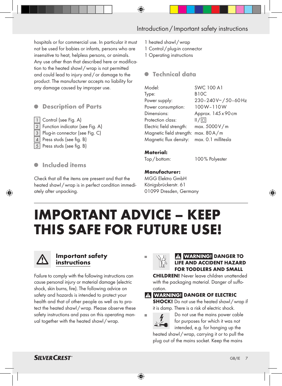 Important advice – keep this safe for future use, Introduction / important safety instructions | Silvercrest SWC 100 A1 User Manual | Page 6 / 12