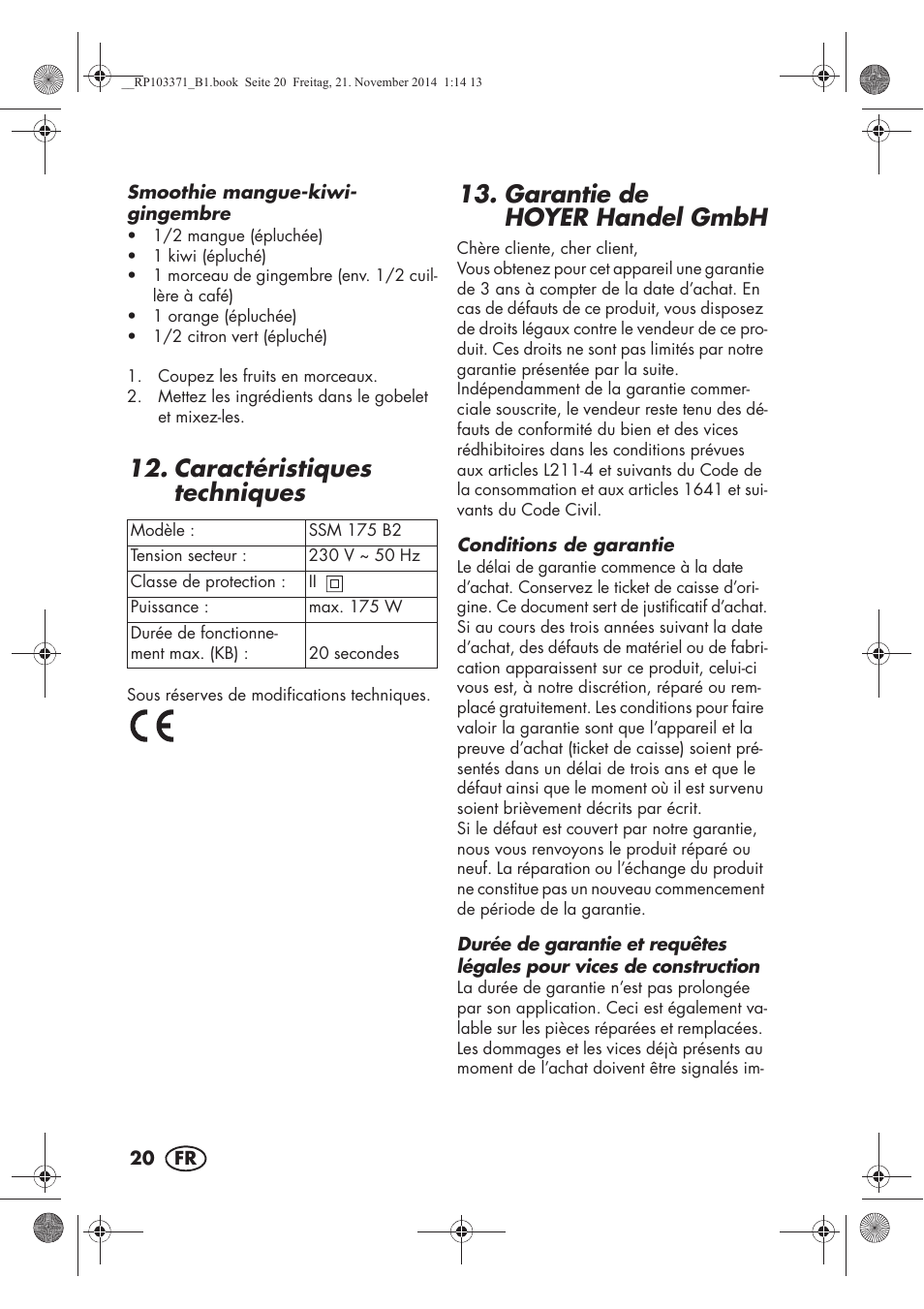 Caractéristiques techniques, Garantie de hoyer handel gmbh | Silvercrest SSM 175 B2 User Manual | Page 22 / 46
