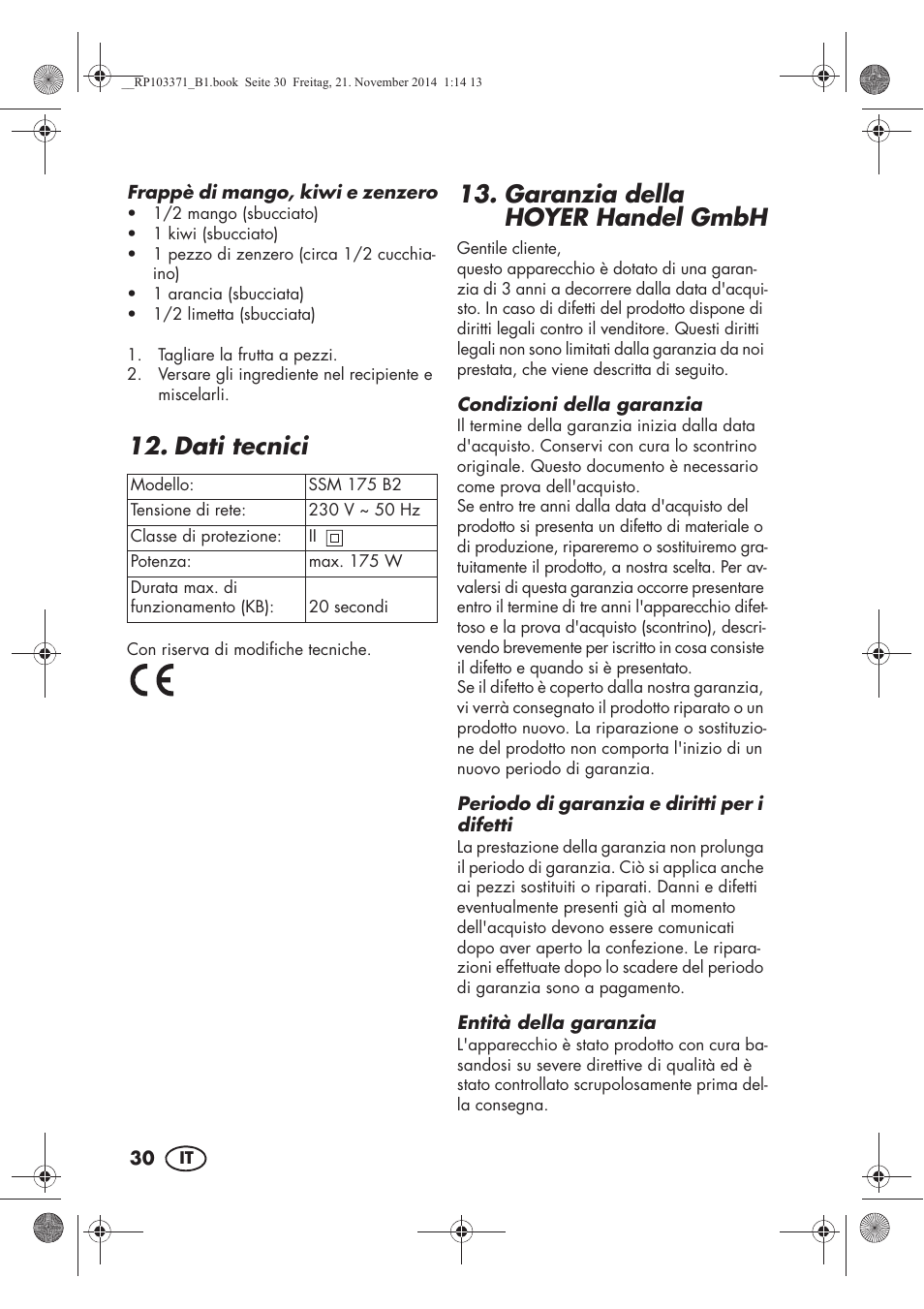 Dati tecnici, Garanzia della hoyer handel gmbh | Silvercrest SSM 175 B2 User Manual | Page 32 / 46