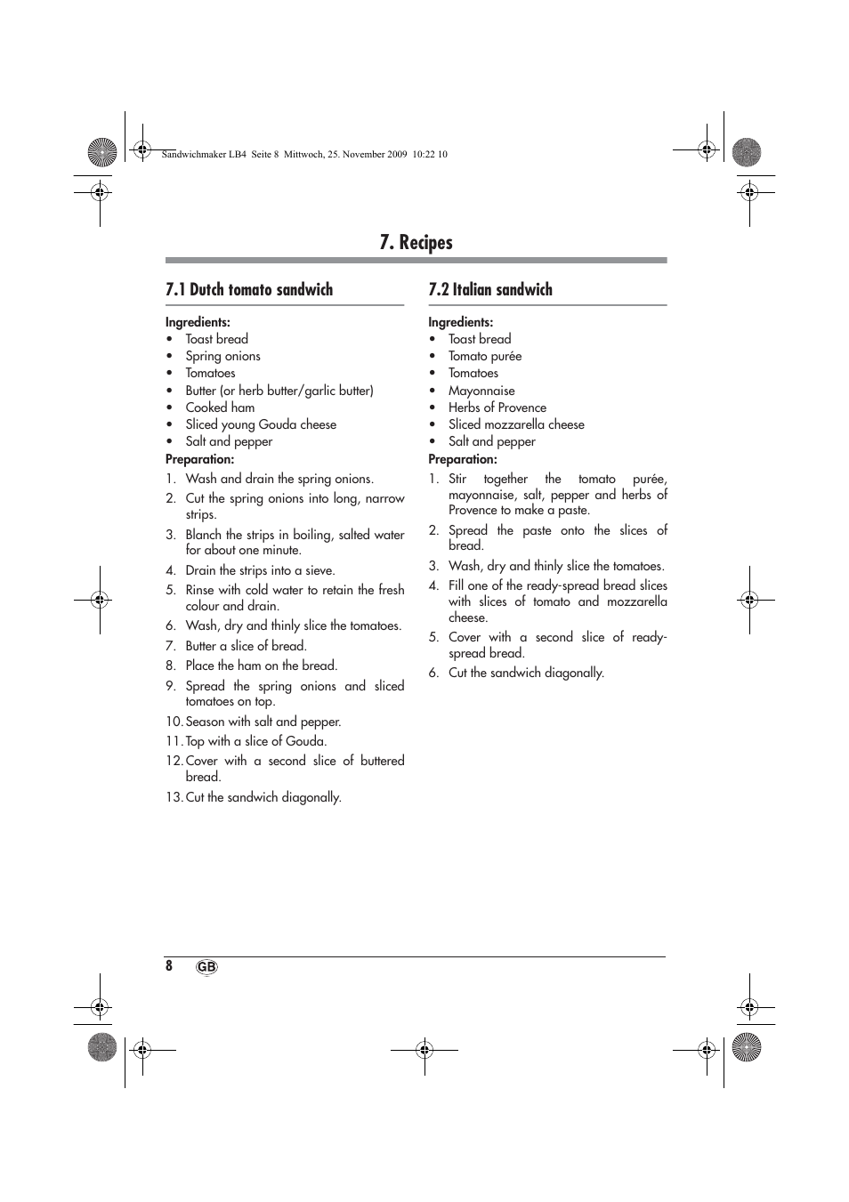Recipes, 1 dutch tomato sandwich, 2 italian sandwich | Silvercrest H-3265 User Manual | Page 10 / 70