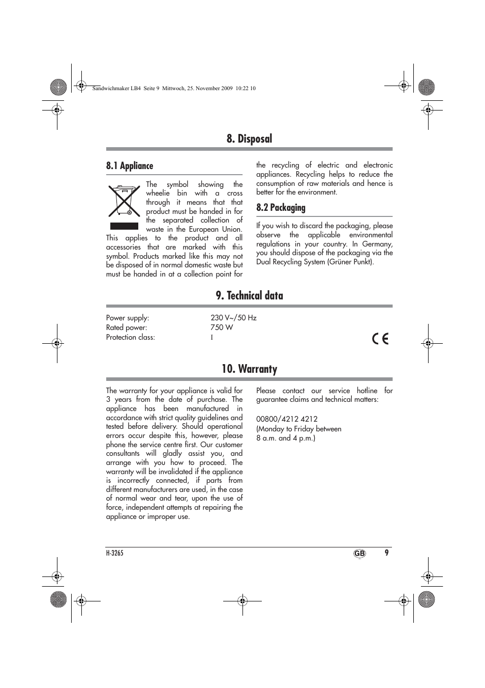 Disposal, Technical data, Warranty | Silvercrest H-3265 User Manual | Page 11 / 70