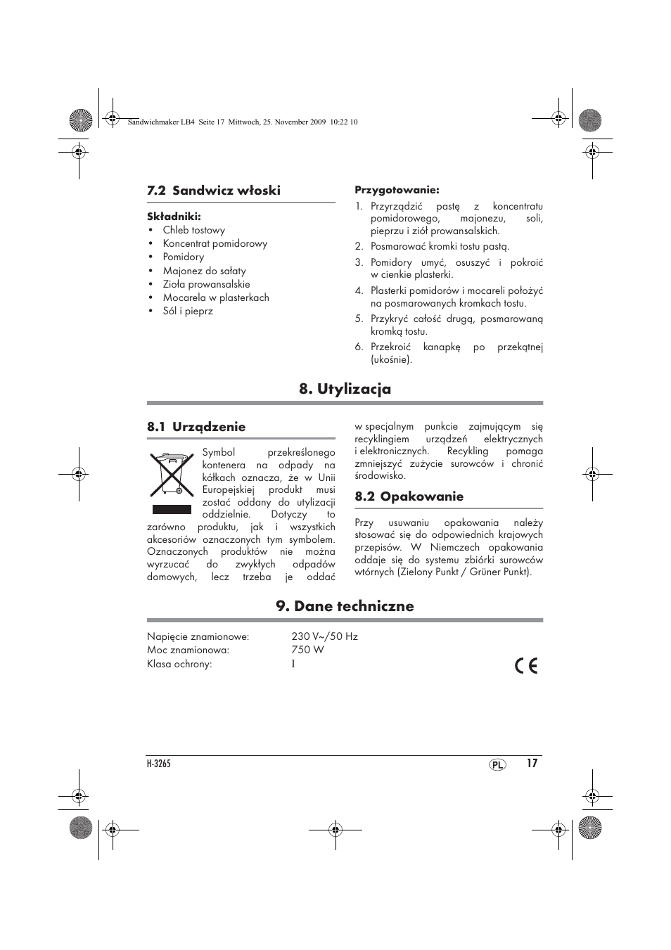 Utylizacja, Dane techniczne | Silvercrest H-3265 User Manual | Page 19 / 70
