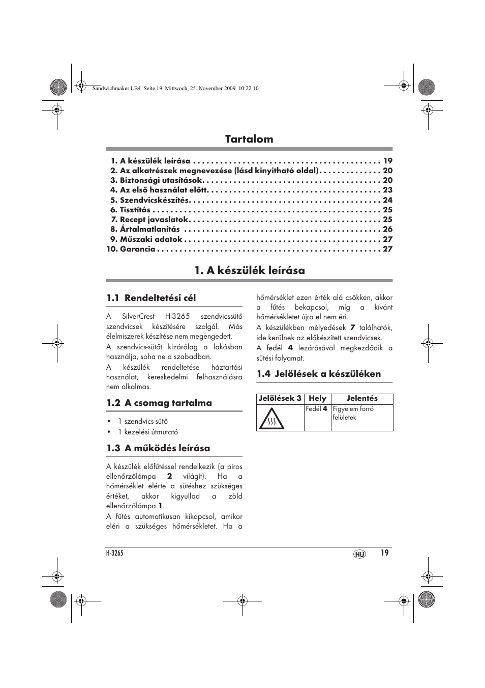 Tartalom, A készülék leírása | Silvercrest H-3265 User Manual | Page 21 / 70