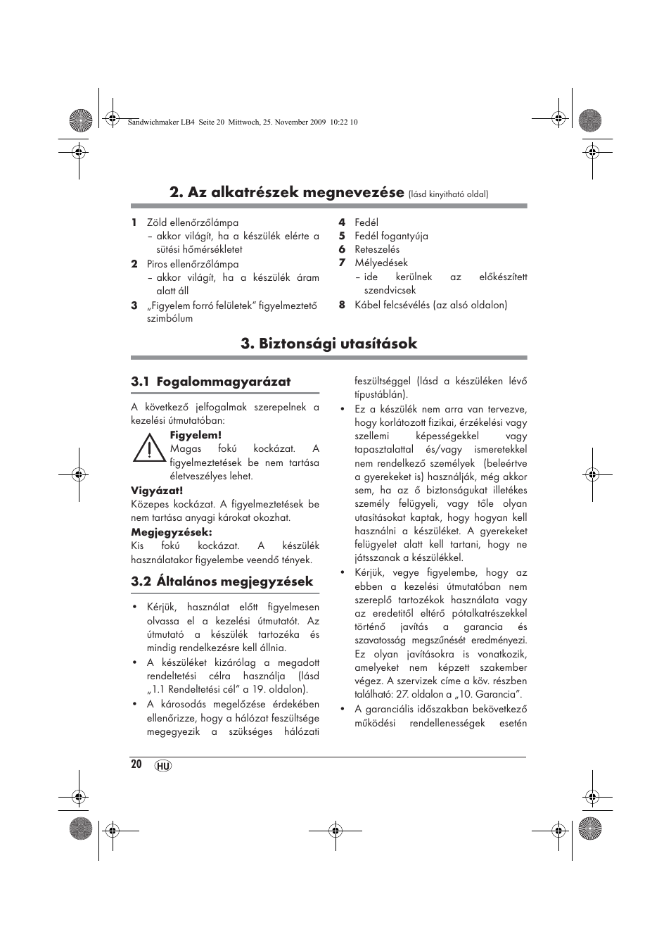 Az alkatrészek megnevezése, Biztonsági utasítások | Silvercrest H-3265 User Manual | Page 22 / 70