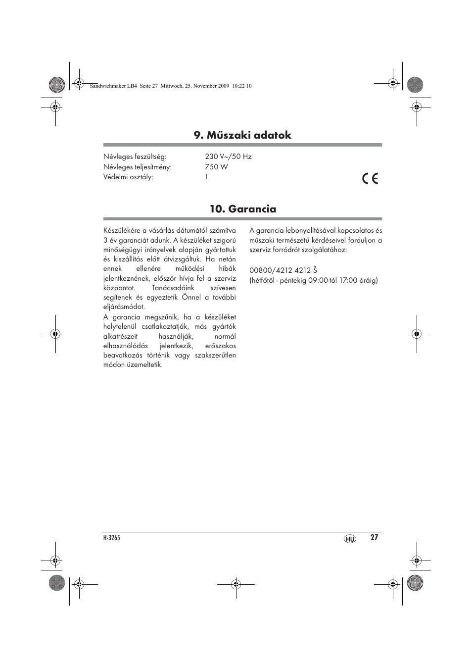 Műszaki adatok, Garancia | Silvercrest H-3265 User Manual | Page 29 / 70