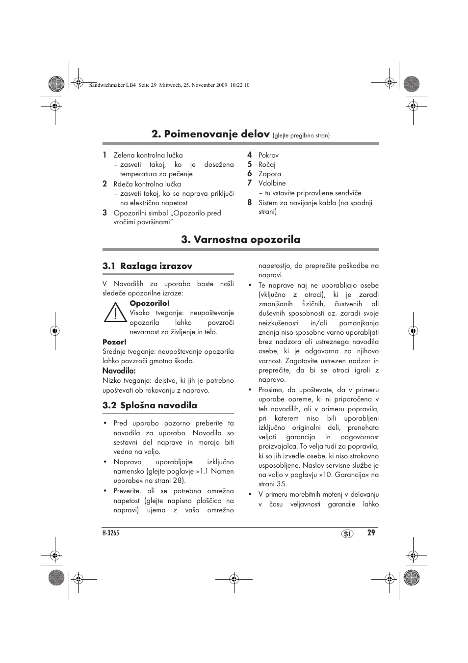 Poimenovanje delov, Varnostna opozorila | Silvercrest H-3265 User Manual | Page 31 / 70