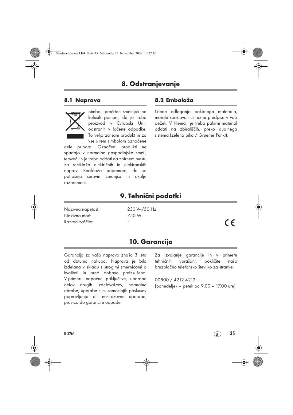 Odstranjevanje, Tehnični podatki, Garancija | Silvercrest H-3265 User Manual | Page 37 / 70