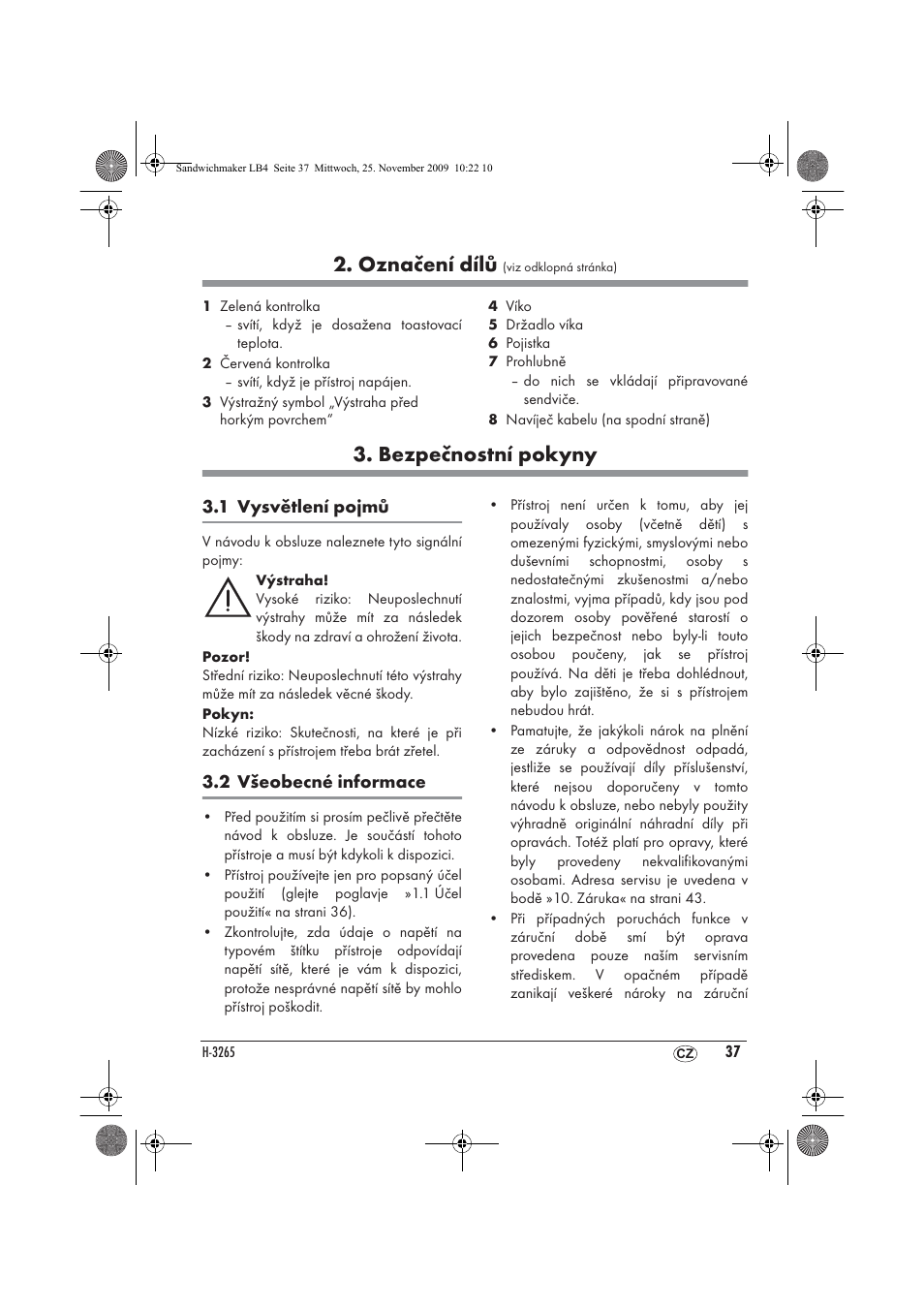 Označení dílů, Bezpečnostní pokyny | Silvercrest H-3265 User Manual | Page 39 / 70