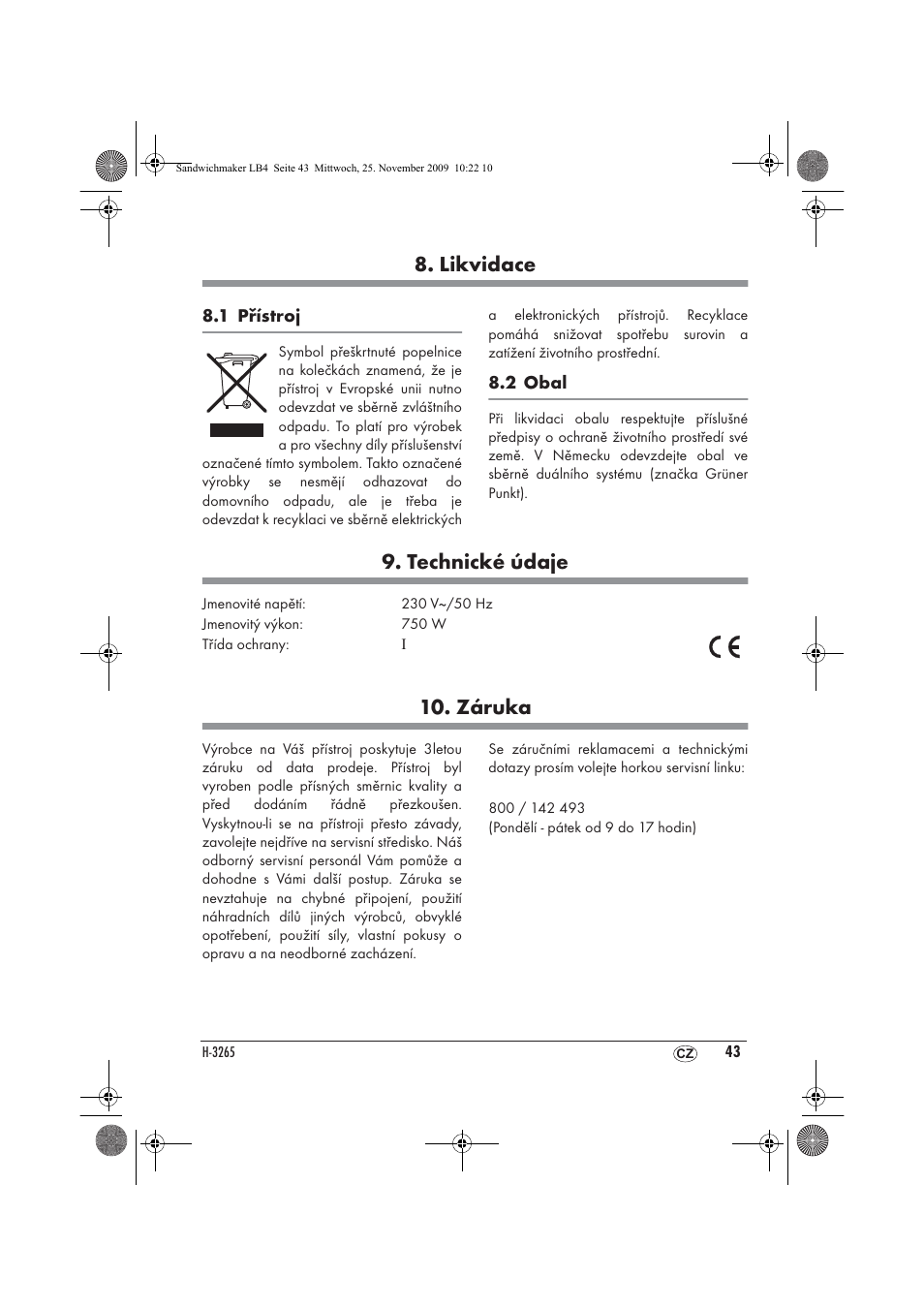 Likvidace, Technické údaje, Záruka | Silvercrest H-3265 User Manual | Page 45 / 70