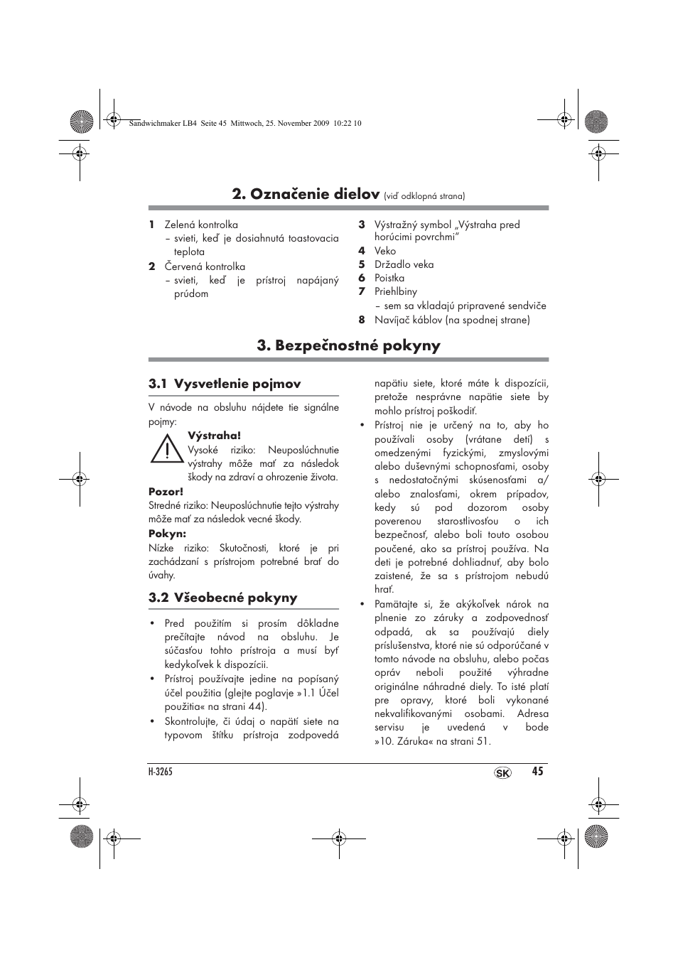Označenie dielov, Bezpečnostné pokyny | Silvercrest H-3265 User Manual | Page 47 / 70