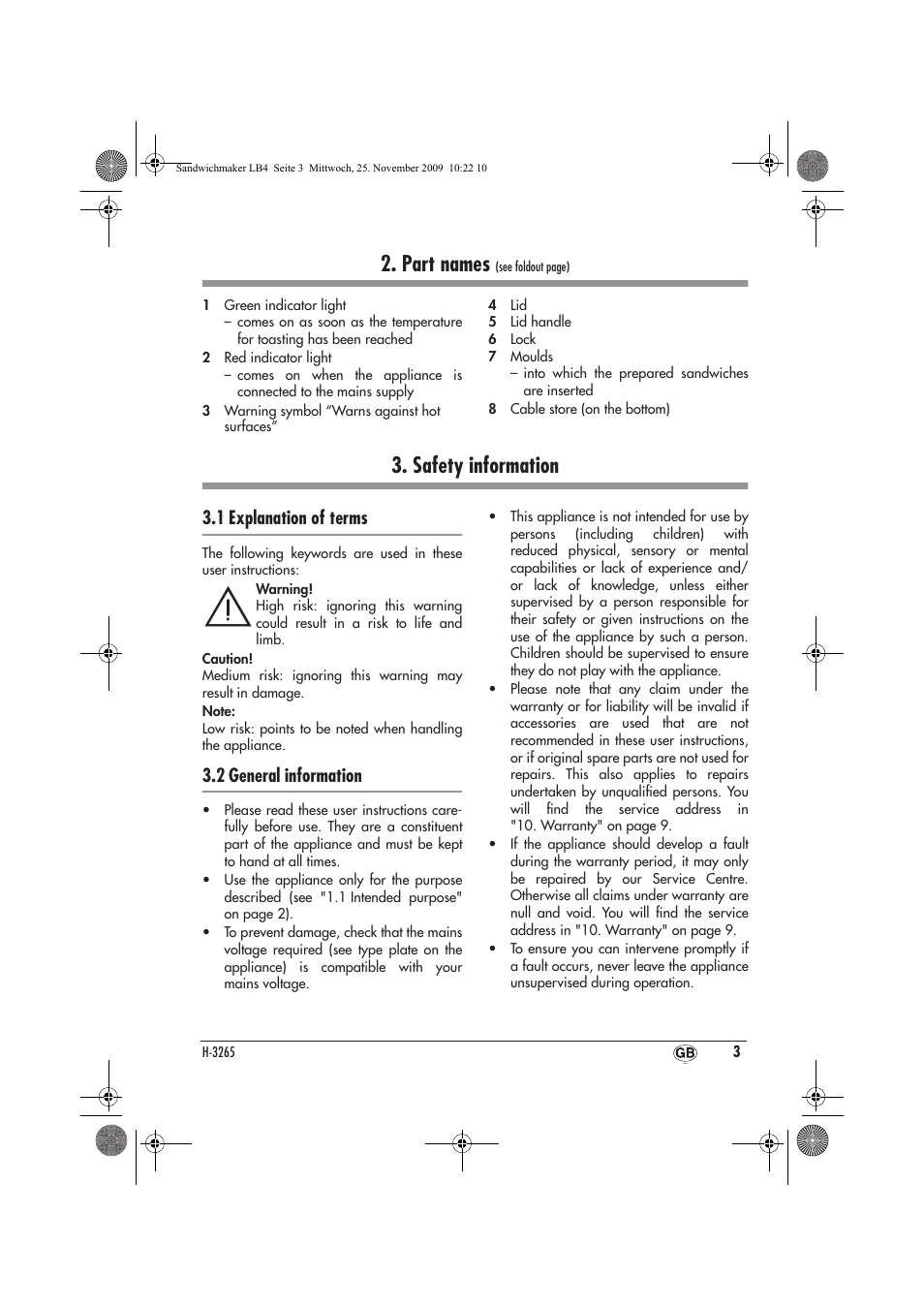 Part names, Safety information, 1 explanation of terms | 2 general information | Silvercrest H-3265 User Manual | Page 5 / 70