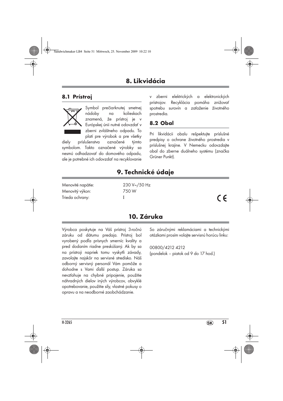 Likvidácia, Technické údaje, Záruka | Silvercrest H-3265 User Manual | Page 53 / 70