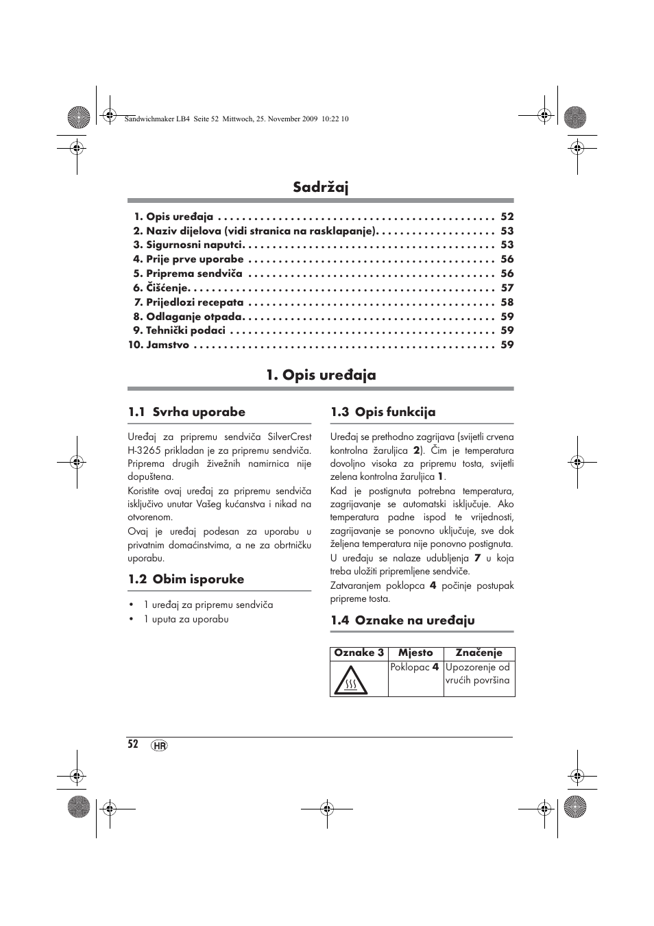 Sadržaj, Opis uređaja | Silvercrest H-3265 User Manual | Page 54 / 70