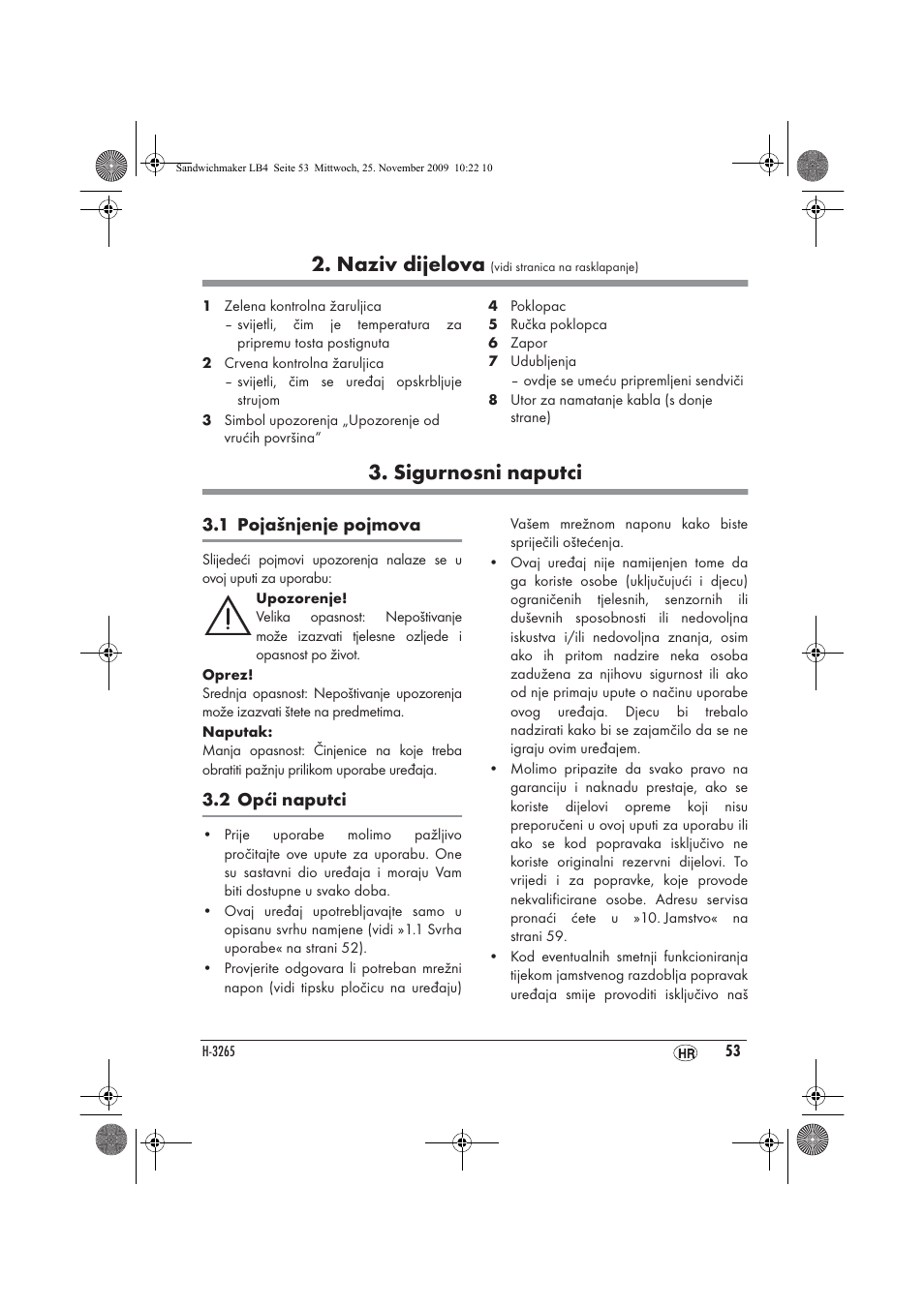 Naziv dijelova, Sigurnosni naputci | Silvercrest H-3265 User Manual | Page 55 / 70