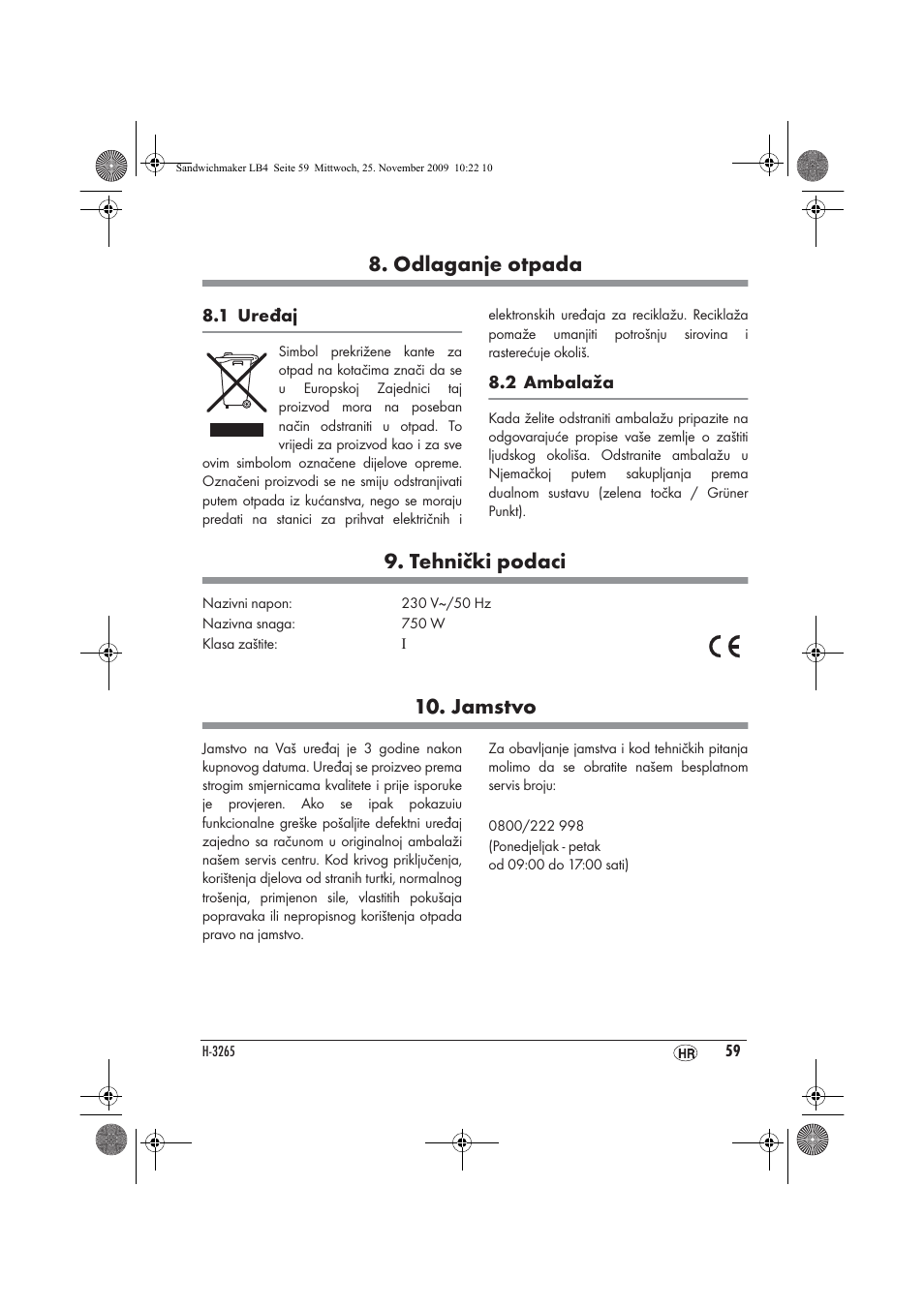 Odlaganje otpada, Tehnički podaci, Jamstvo | Silvercrest H-3265 User Manual | Page 61 / 70