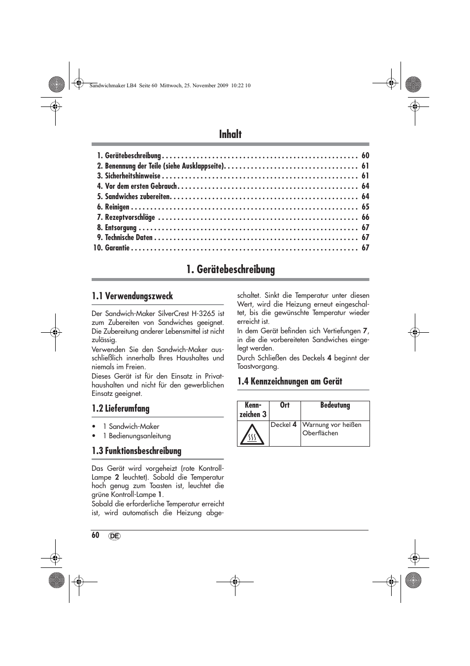Inhalt, Gerätebeschreibung | Silvercrest H-3265 User Manual | Page 62 / 70