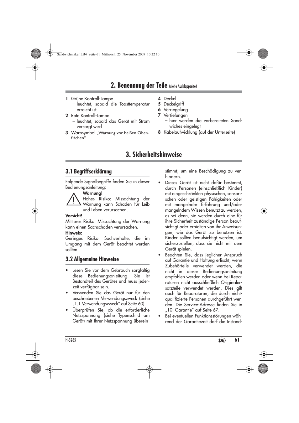 Benennung der teile, Sicherheitshinweise, 1 begriffserklärung | 2 allgemeine hinweise | Silvercrest H-3265 User Manual | Page 63 / 70