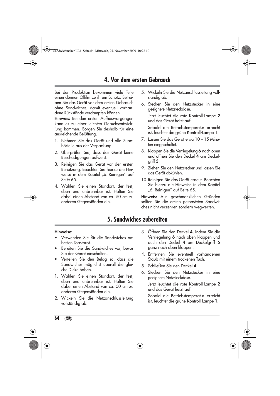 Vor dem ersten gebrauch, Sandwiches zubereiten | Silvercrest H-3265 User Manual | Page 66 / 70