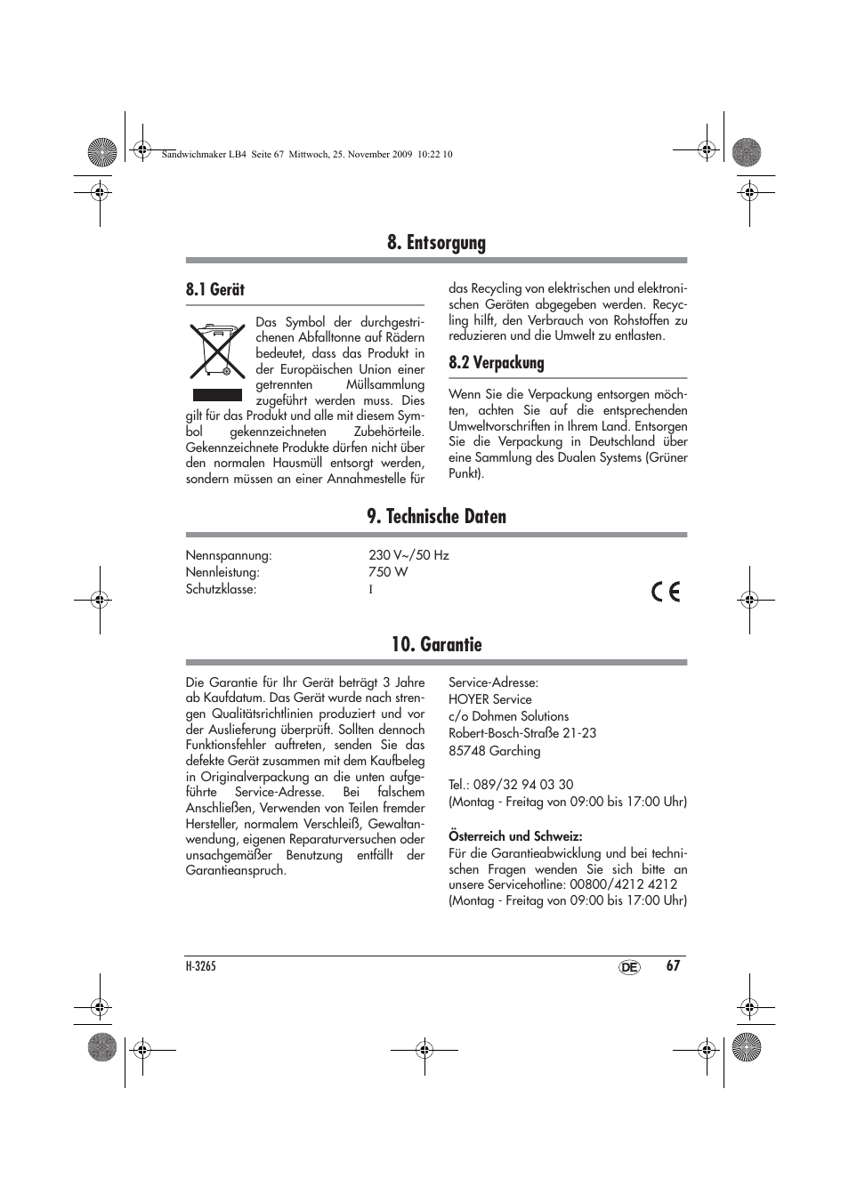 Entsorgung, Technische daten, Garantie | 1 gerät, 2 verpackung | Silvercrest H-3265 User Manual | Page 69 / 70