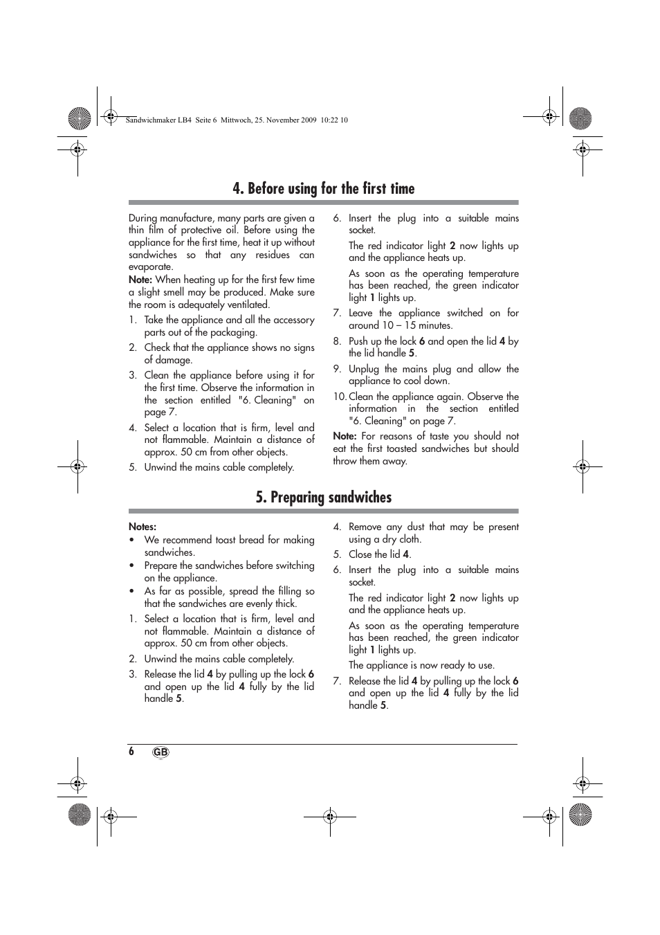 Before using for the ﬁrst time, Preparing sandwiches | Silvercrest H-3265 User Manual | Page 8 / 70