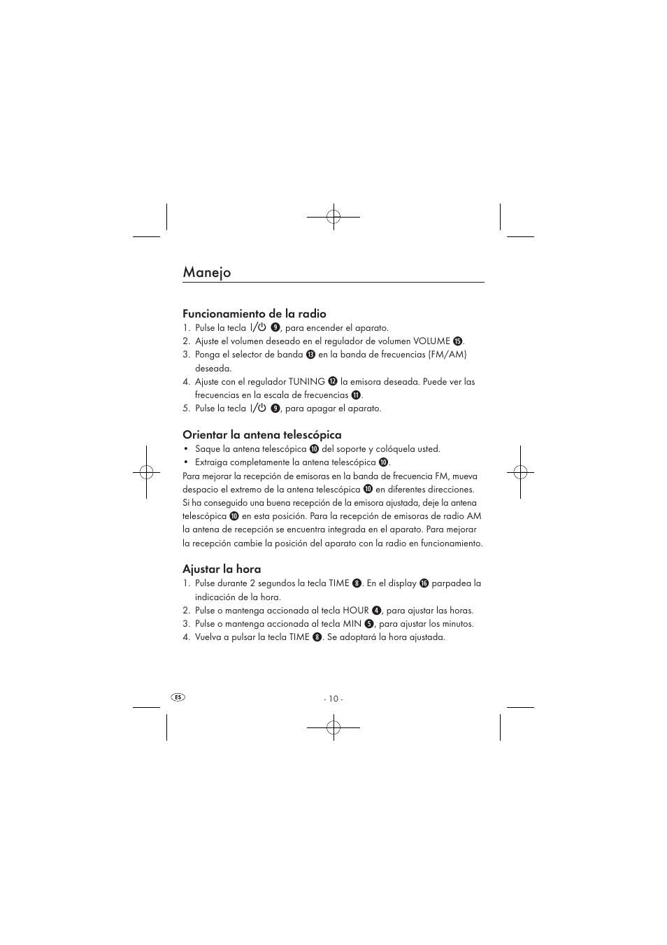 Manejo, Funcionamiento de la radio, Orientar la antena telescópica | Ajustar la hora | Silvercrest SPUV 90 A1/SPUH 90 A1 User Manual | Page 12 / 82