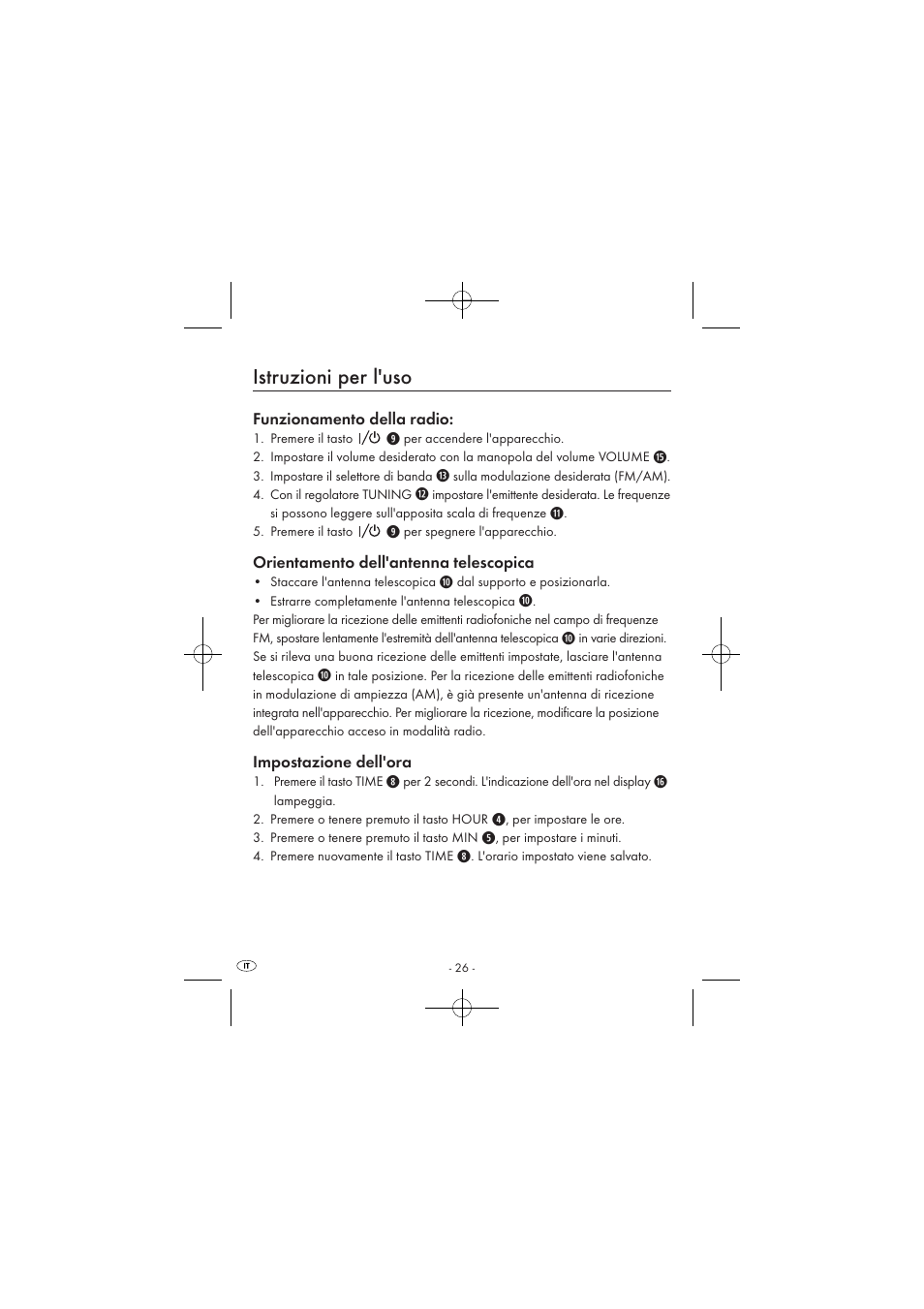 Istruzioni per l'uso, Funzionamento della radio, Orientamento dell'antenna telescopica | Impostazione dell'ora | Silvercrest SPUV 90 A1/SPUH 90 A1 User Manual | Page 28 / 82