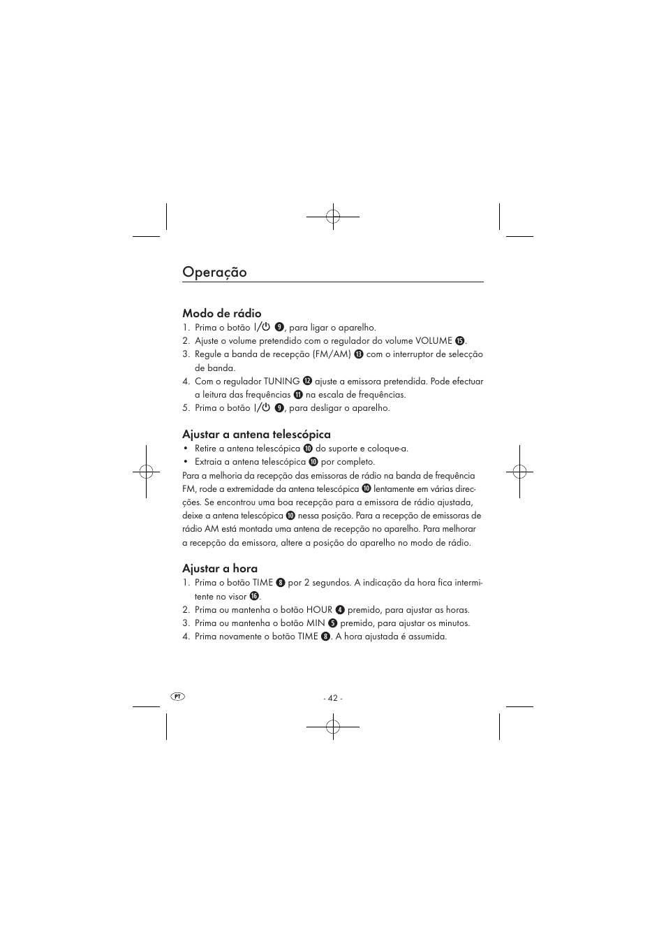 Operação, Modo de rádio, Ajustar a antena telescópica | Ajustar a hora | Silvercrest SPUV 90 A1/SPUH 90 A1 User Manual | Page 44 / 82