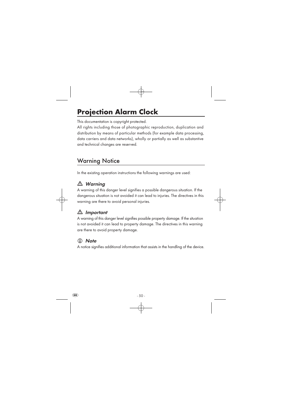 Projection alarm clock, Warning notice | Silvercrest SPUV 90 A1/SPUH 90 A1 User Manual | Page 52 / 82