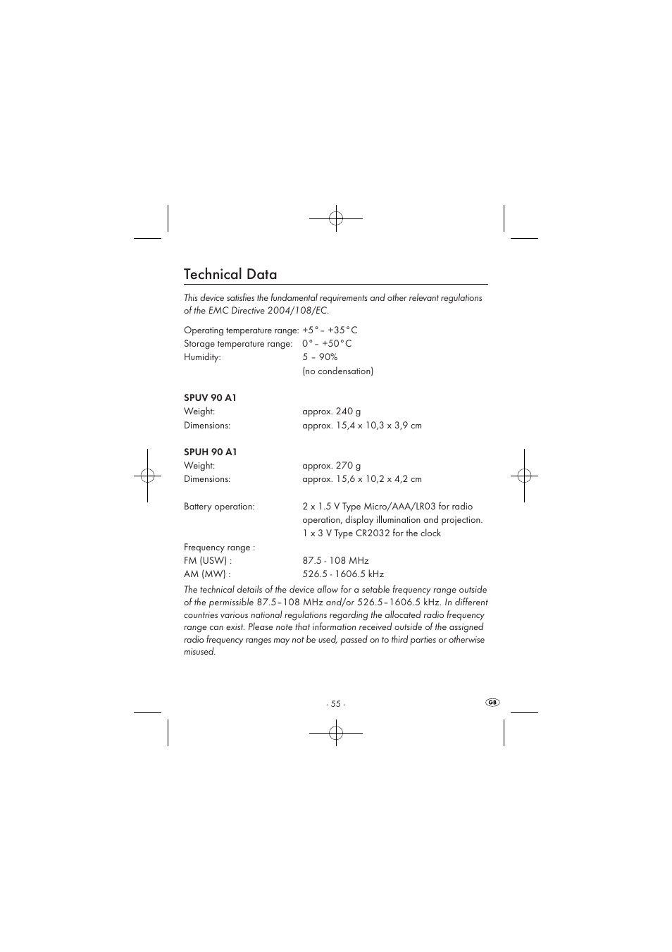 Technical data | Silvercrest SPUV 90 A1/SPUH 90 A1 User Manual | Page 57 / 82