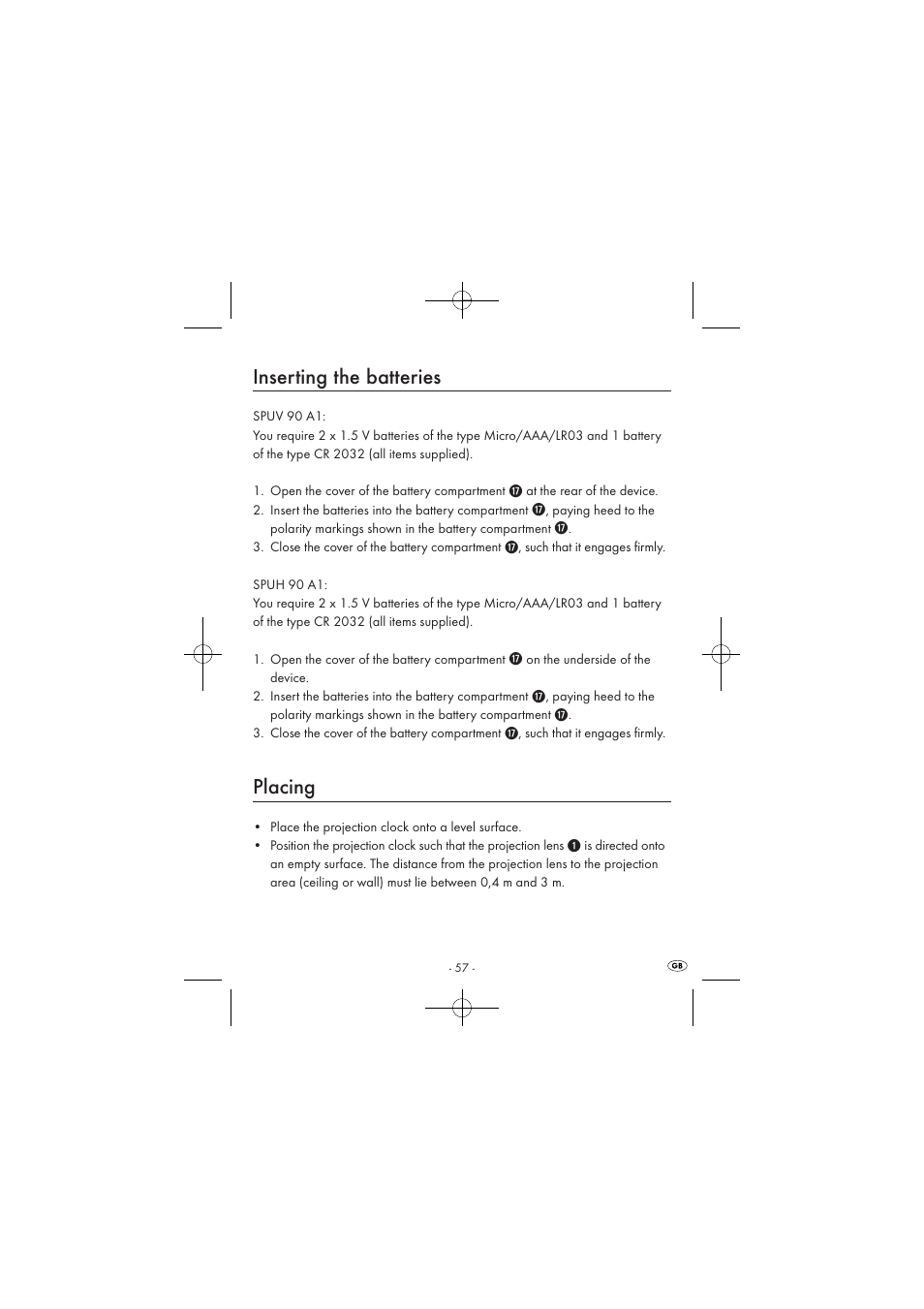 Inserting the batteries, Placing | Silvercrest SPUV 90 A1/SPUH 90 A1 User Manual | Page 59 / 82