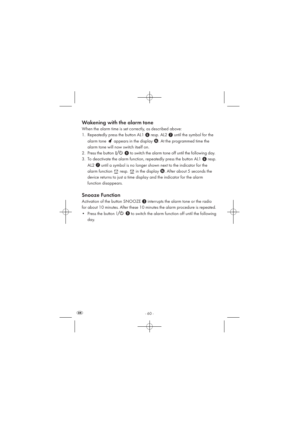 Wakening with the alarm tone, Snooze function | Silvercrest SPUV 90 A1/SPUH 90 A1 User Manual | Page 62 / 82