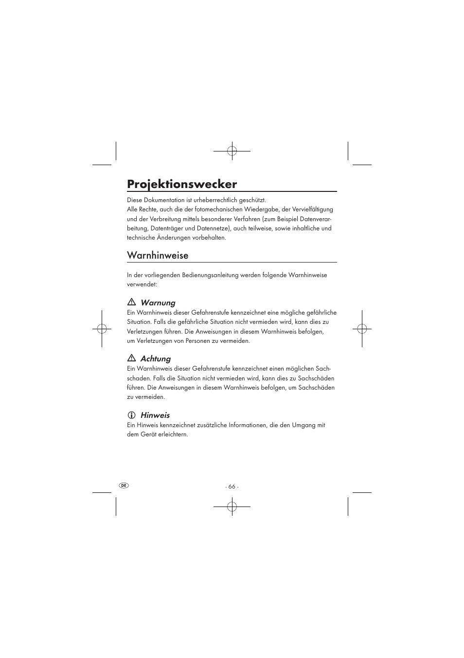 Projektionswecker, Warnhinweise | Silvercrest SPUV 90 A1/SPUH 90 A1 User Manual | Page 68 / 82