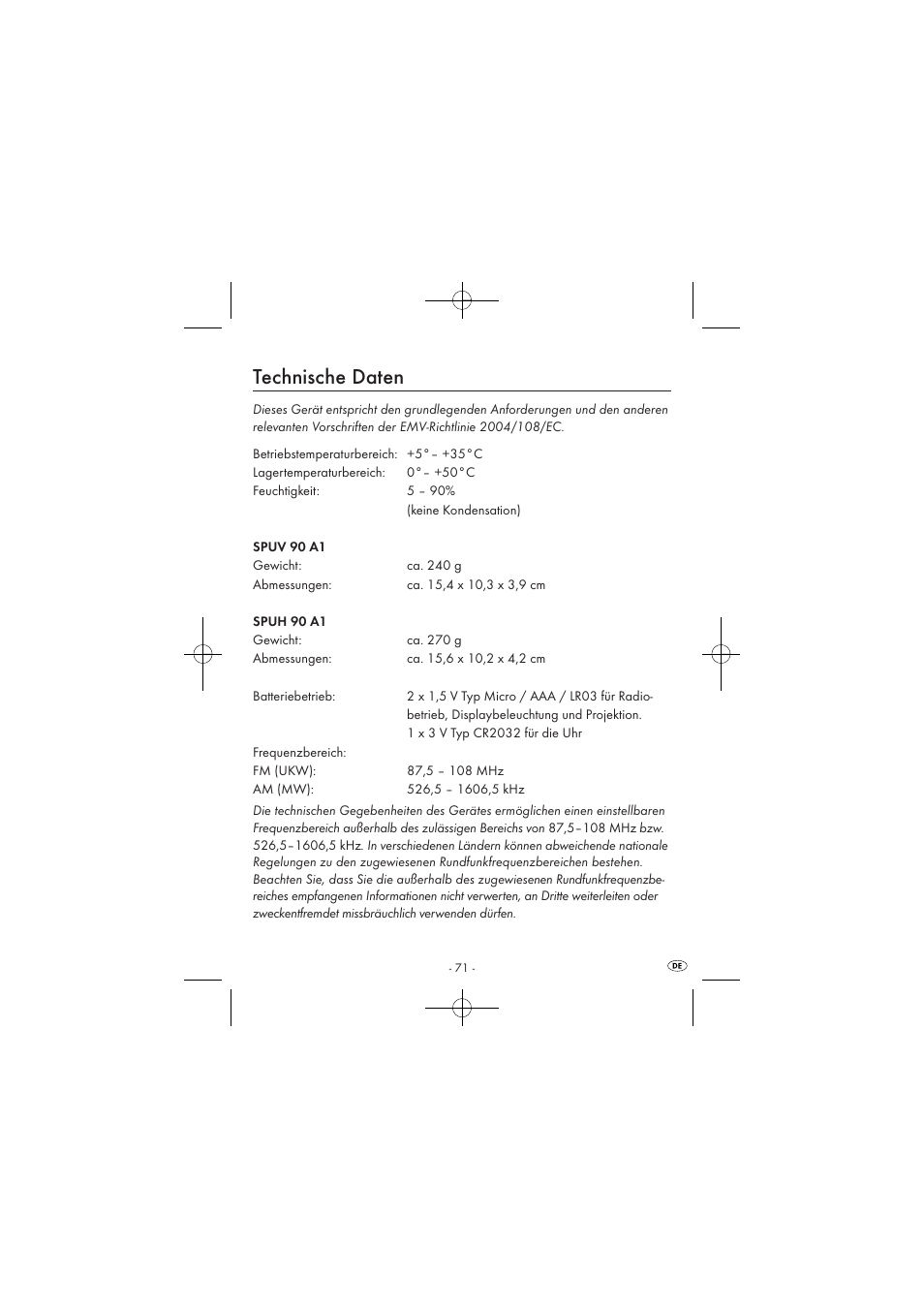 Technische daten | Silvercrest SPUV 90 A1/SPUH 90 A1 User Manual | Page 73 / 82