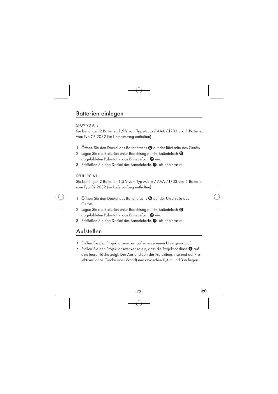 Batterien einlegen, Aufstellen | Silvercrest SPUV 90 A1/SPUH 90 A1 User Manual | Page 75 / 82