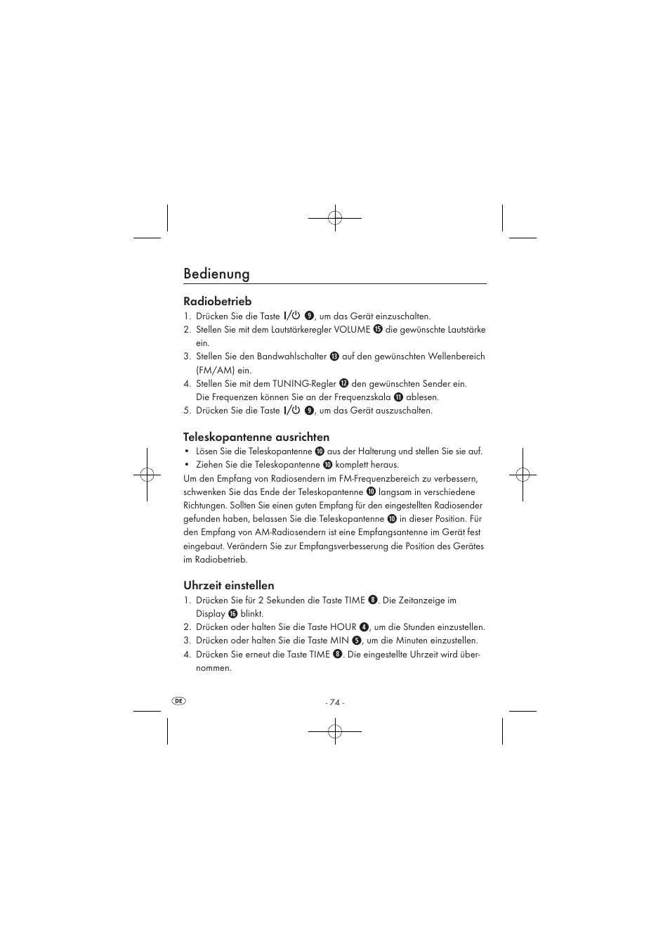 Bedienung, Radiobetrieb, Teleskopantenne ausrichten | Uhrzeit einstellen | Silvercrest SPUV 90 A1/SPUH 90 A1 User Manual | Page 76 / 82