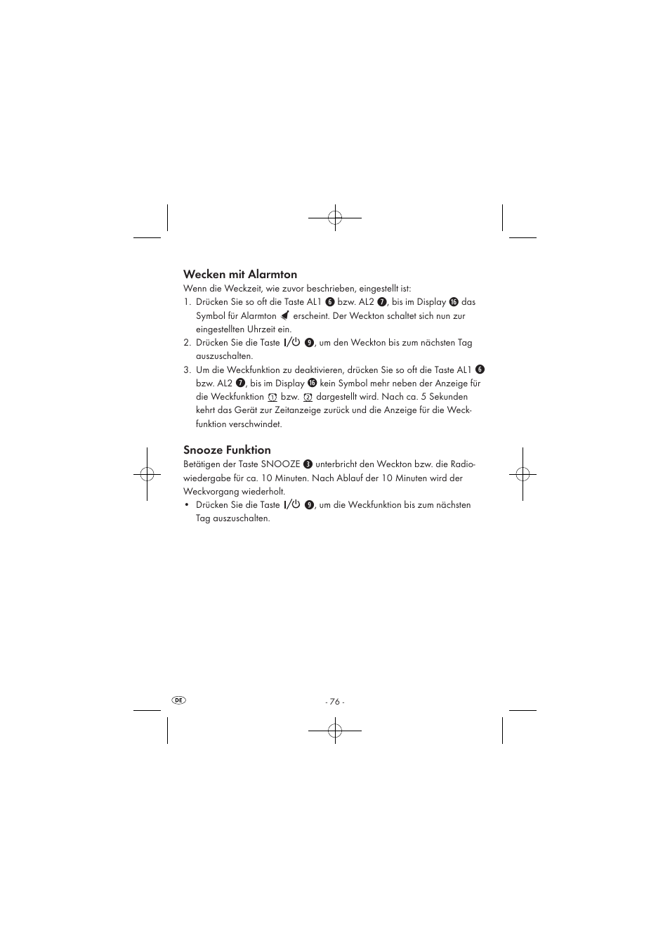 Wecken mit alarmton, Snooze funktion | Silvercrest SPUV 90 A1/SPUH 90 A1 User Manual | Page 78 / 82