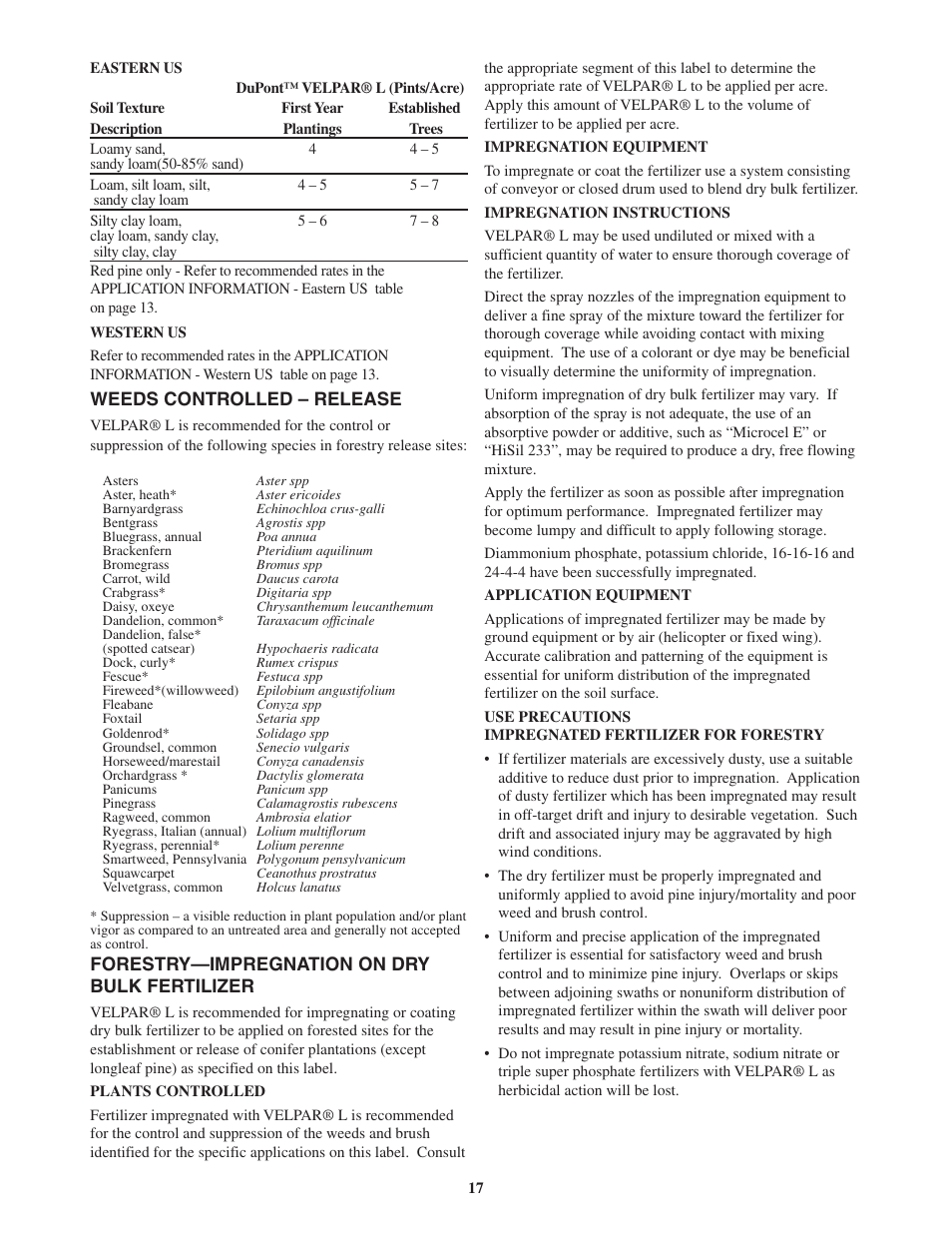 Weeds controlled – release, Forestry—impregnation on dry bulk fertilizer | DuPont Authentication Velpar H - 65396 User Manual | Page 19 / 27