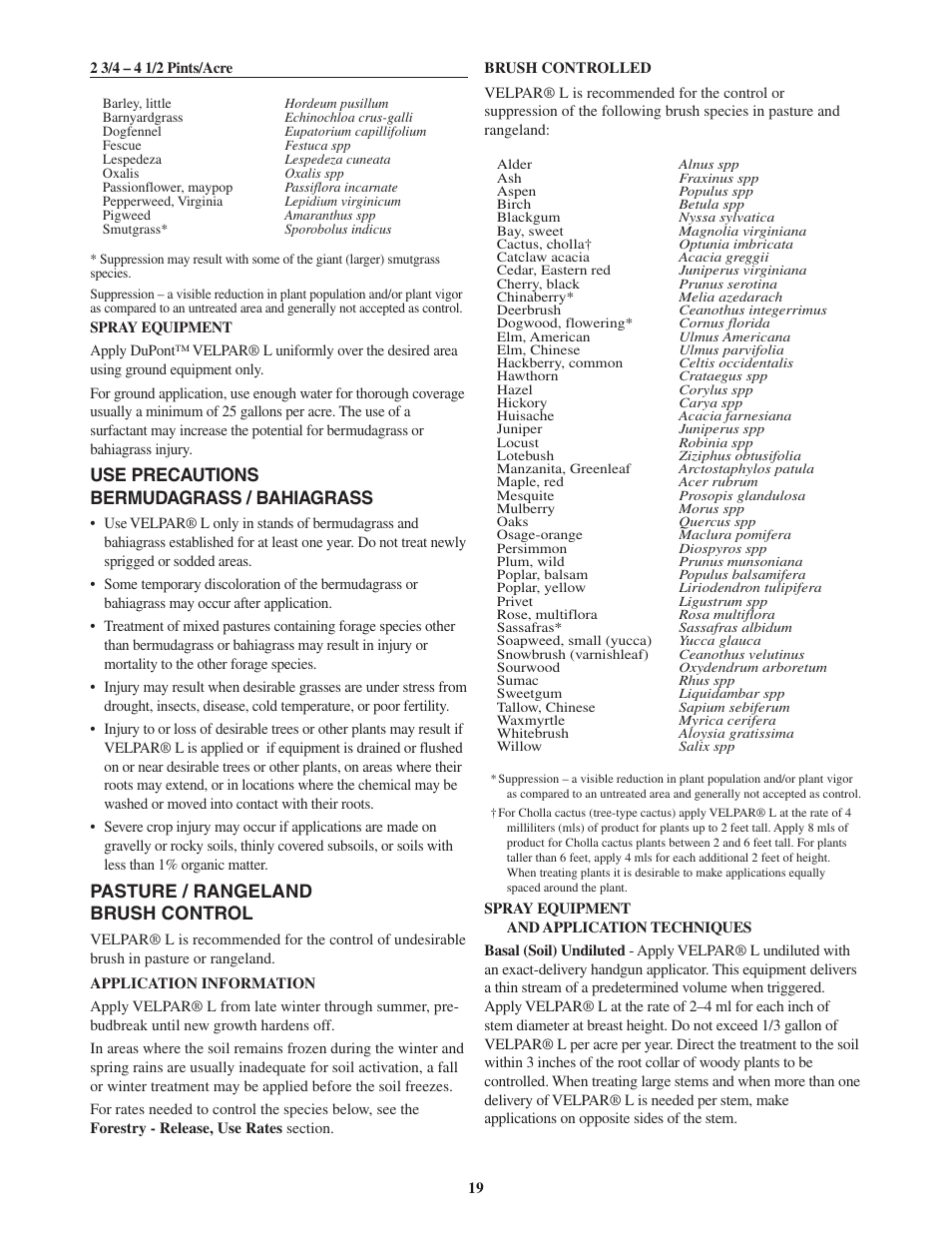 Use precautions bermudagrass / bahiagrass, Pasture / rangeland brush control | DuPont Authentication Velpar H - 65396 User Manual | Page 21 / 27